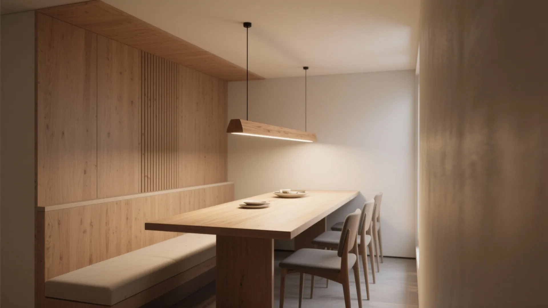 1. Linear wood pendant over a narrow table