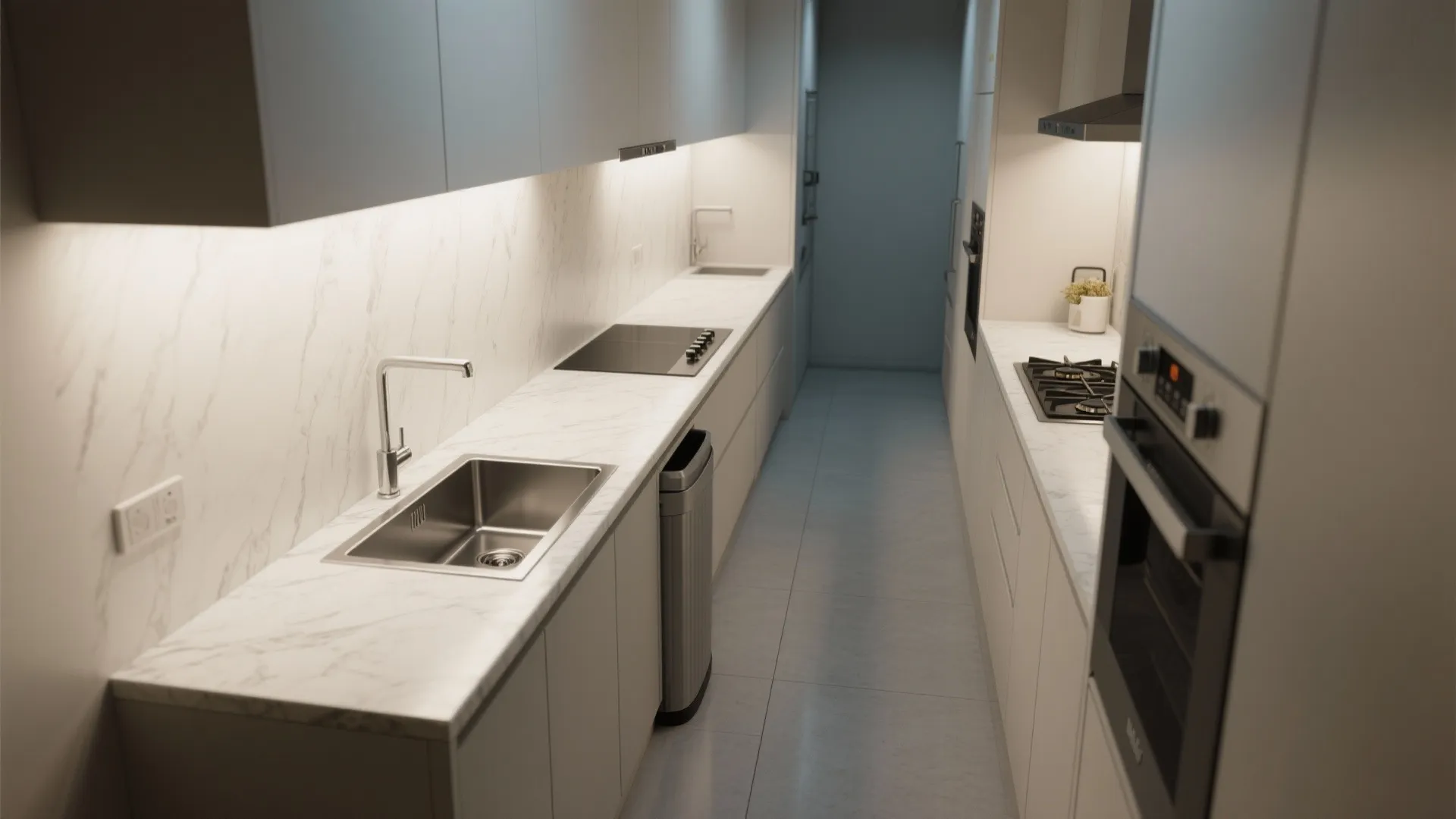 Minimalist narrow kitchen with white marble countertops sink stove oven and bright under cabinet lighting