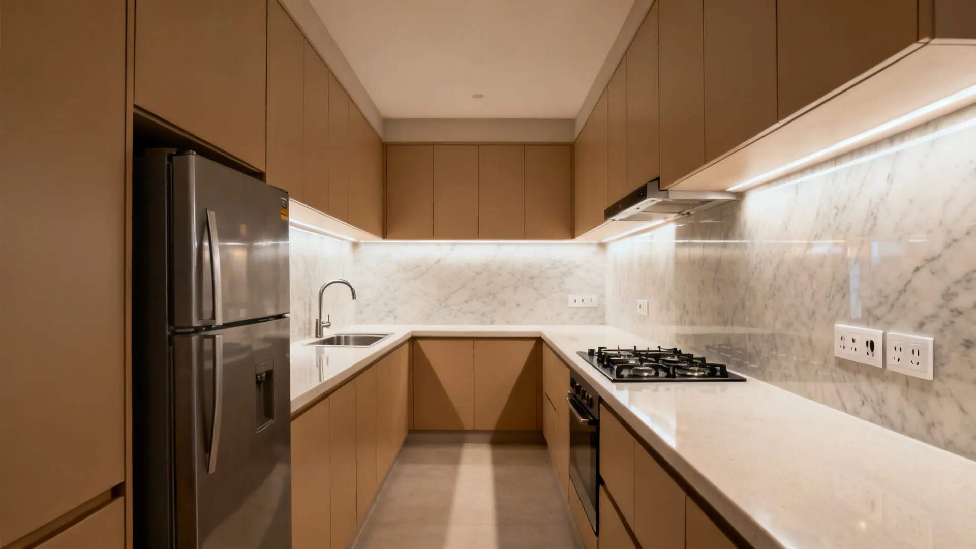 Linear galley kitchen with fridge, sink, and hob aligned and a clear 1200 mm aisle.