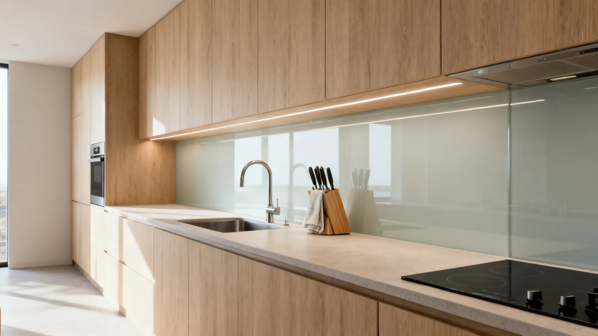 Straight line kitchen with centered sink, clear prep zone, and cooktop at the end for efficient flow.