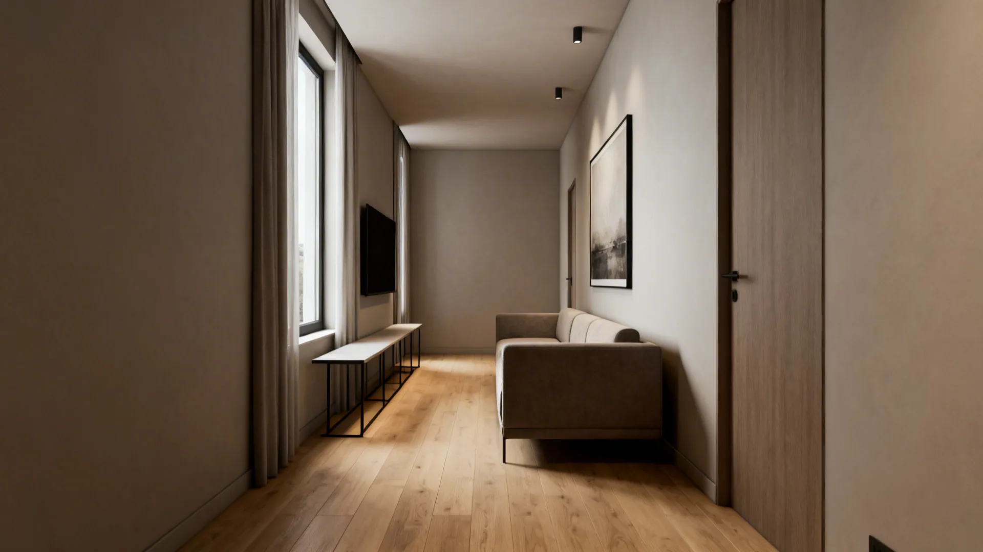 Linear living room layout with sofa on longest wall and wall-mounted TV opposite