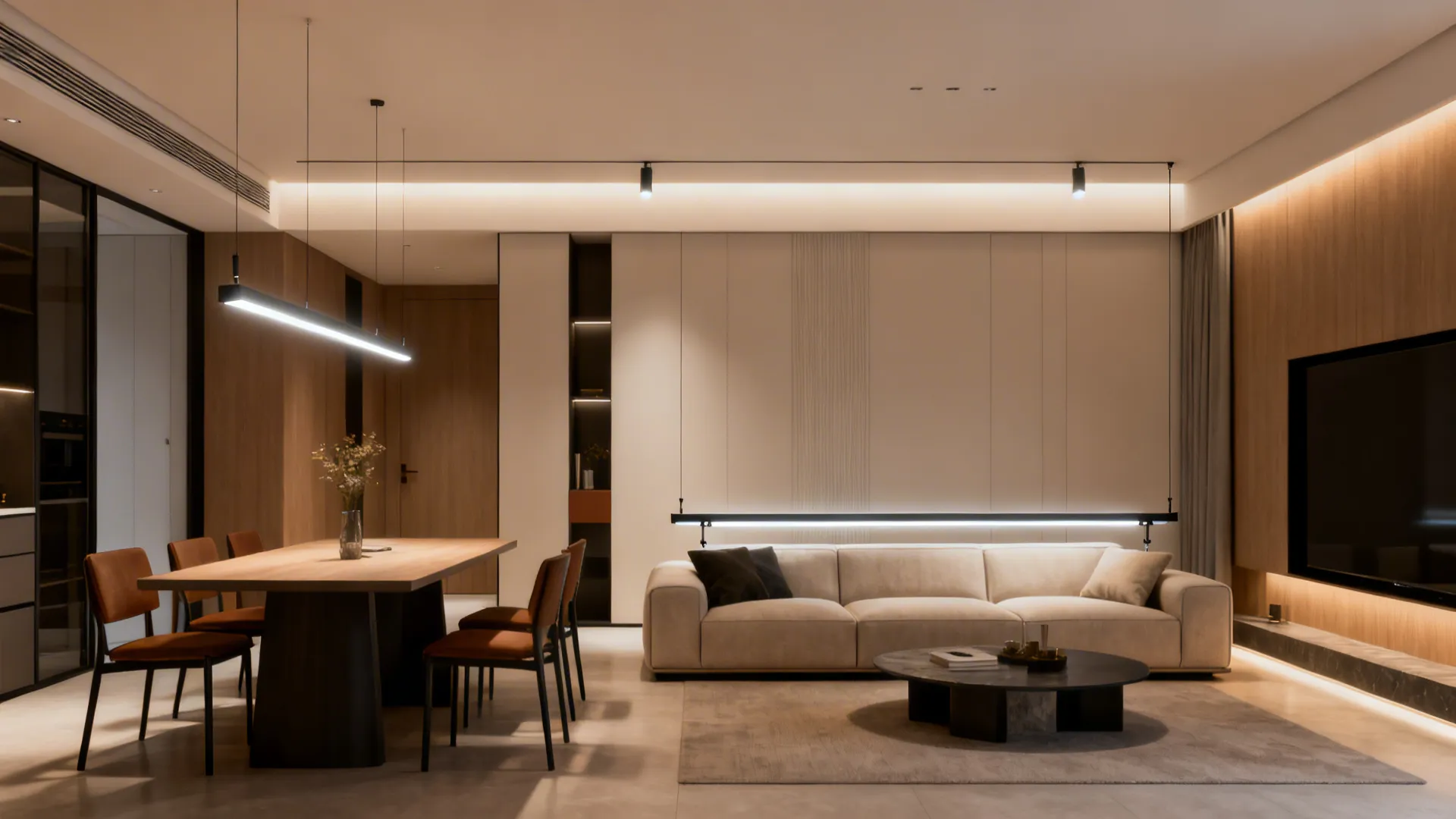 Living-dining combo with a slim suspended linear LED defining the seating zone.