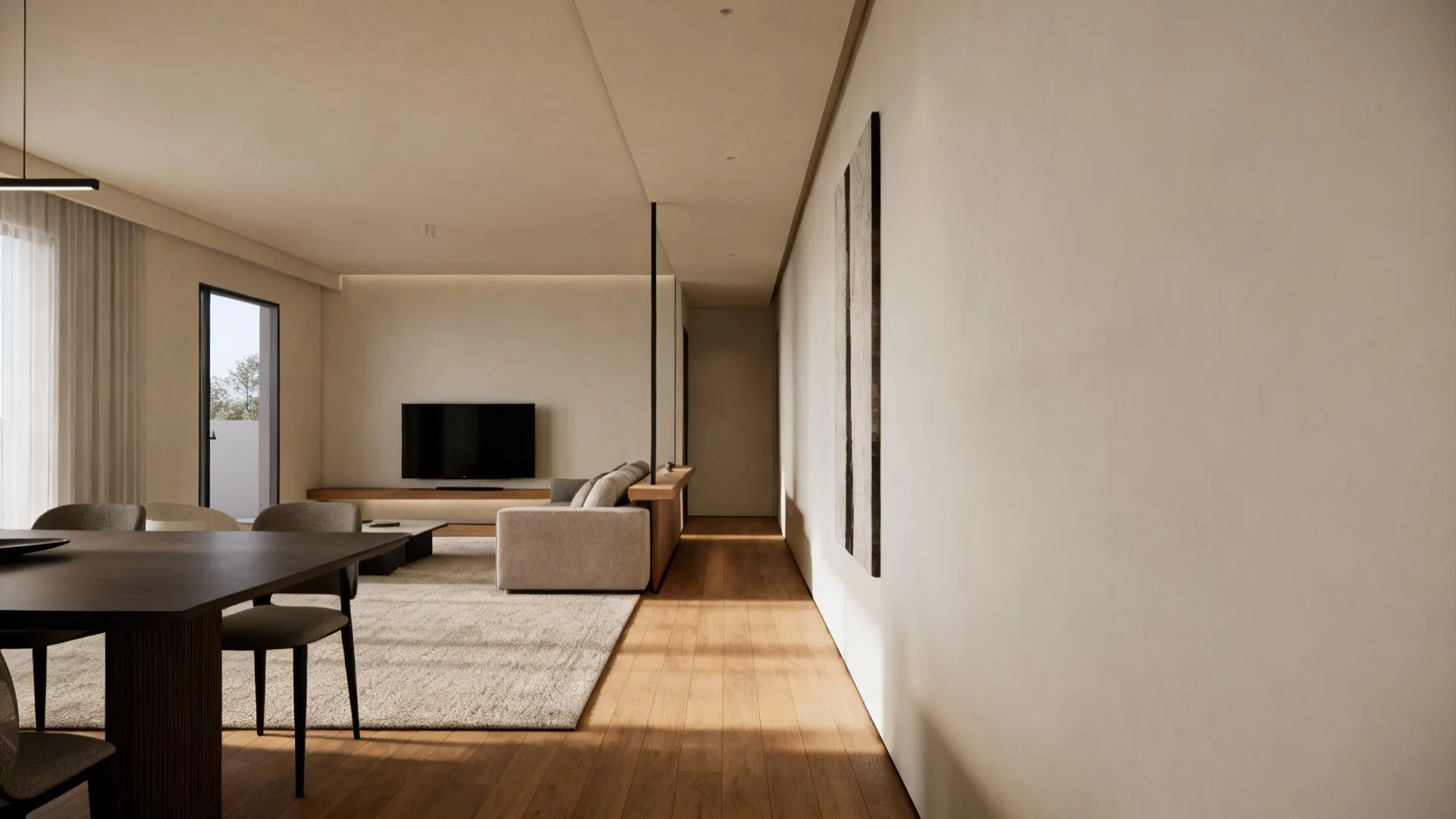 Long narrow living-dining room with sofa, TV at one end and dining table at the other separated by a clear path