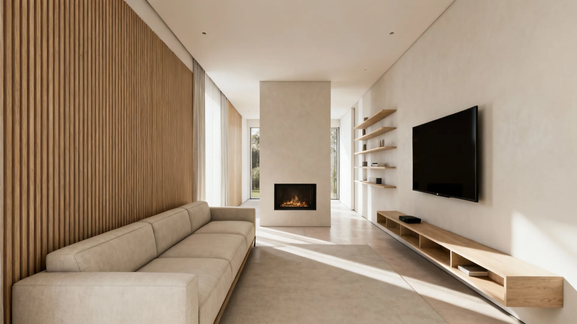 Minimalist living room with beige sofa wood wall panel central fireplace and wall mounted television