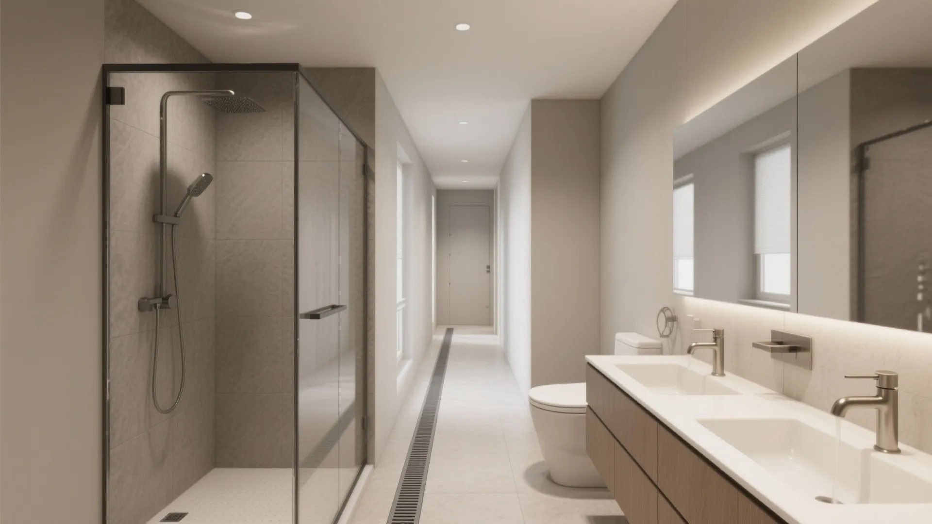 Linear walk-in shower with fixed glass panel, toilet, and vanity aligned to maximize a narrow bathroom.