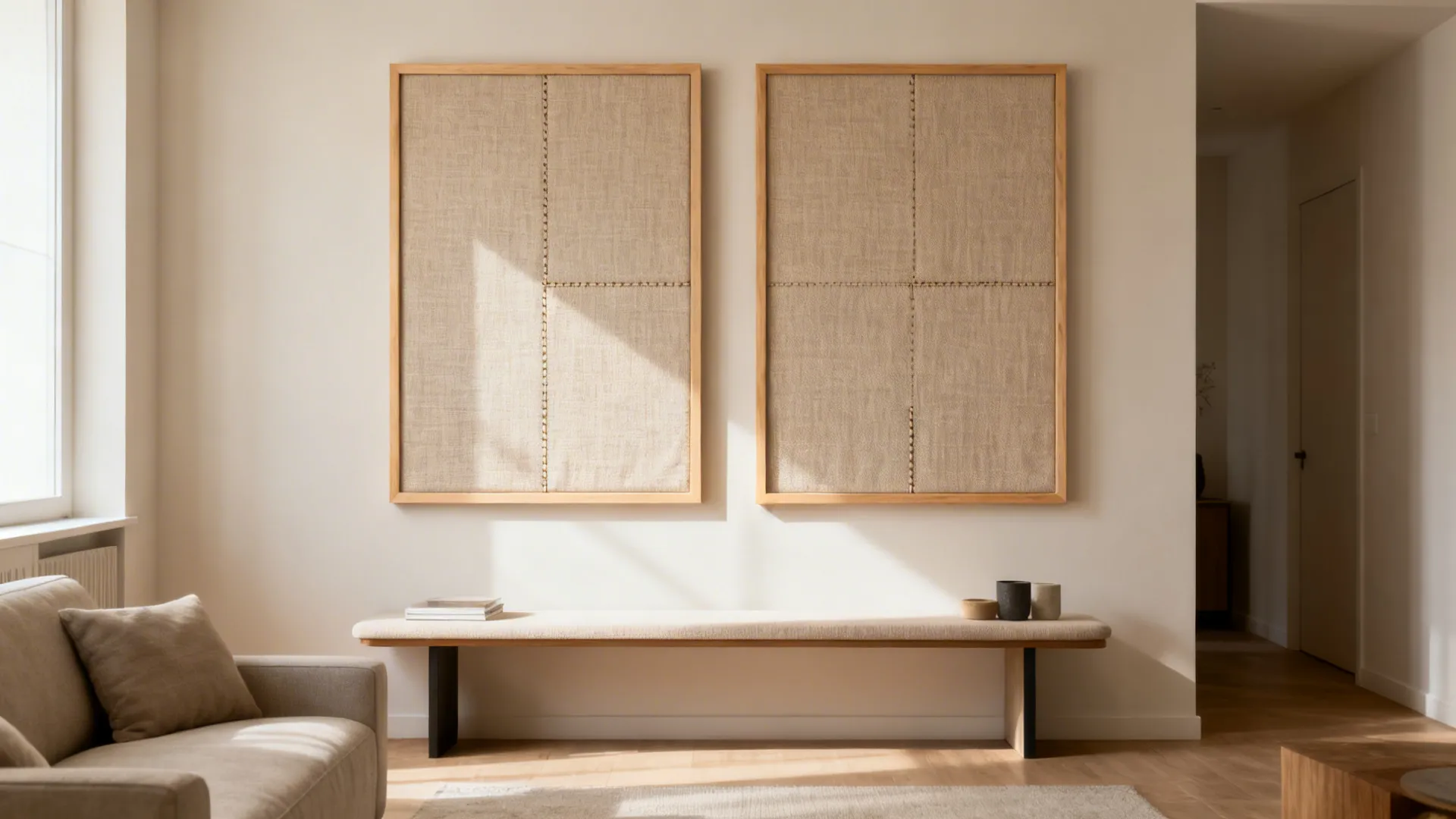 Two linen acoustic panels in oak frames mounted on a neutral wall.