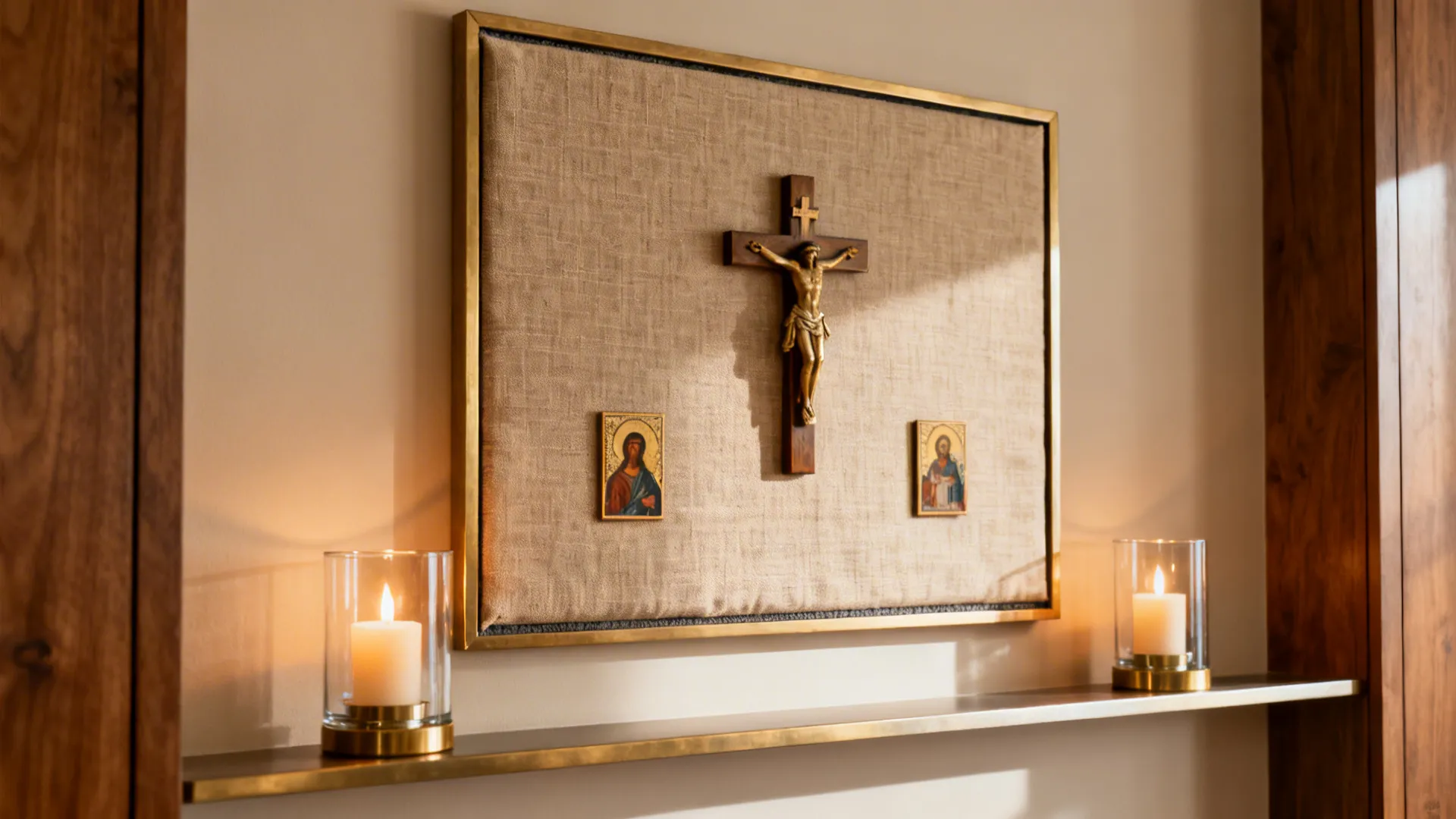 Linen-backed panel with crucifix and icons creating a warm, refined altar wall.