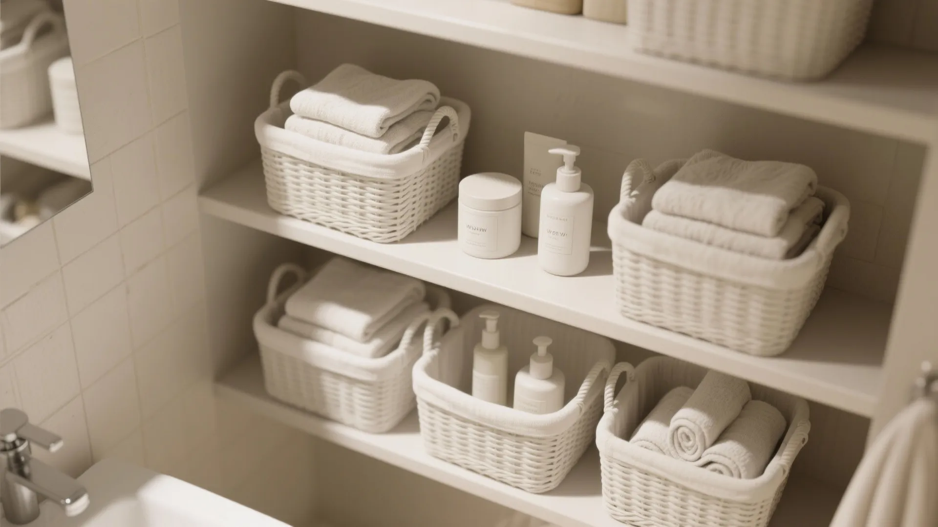 Matched white linen baskets on open shelving holding towels and toiletries.