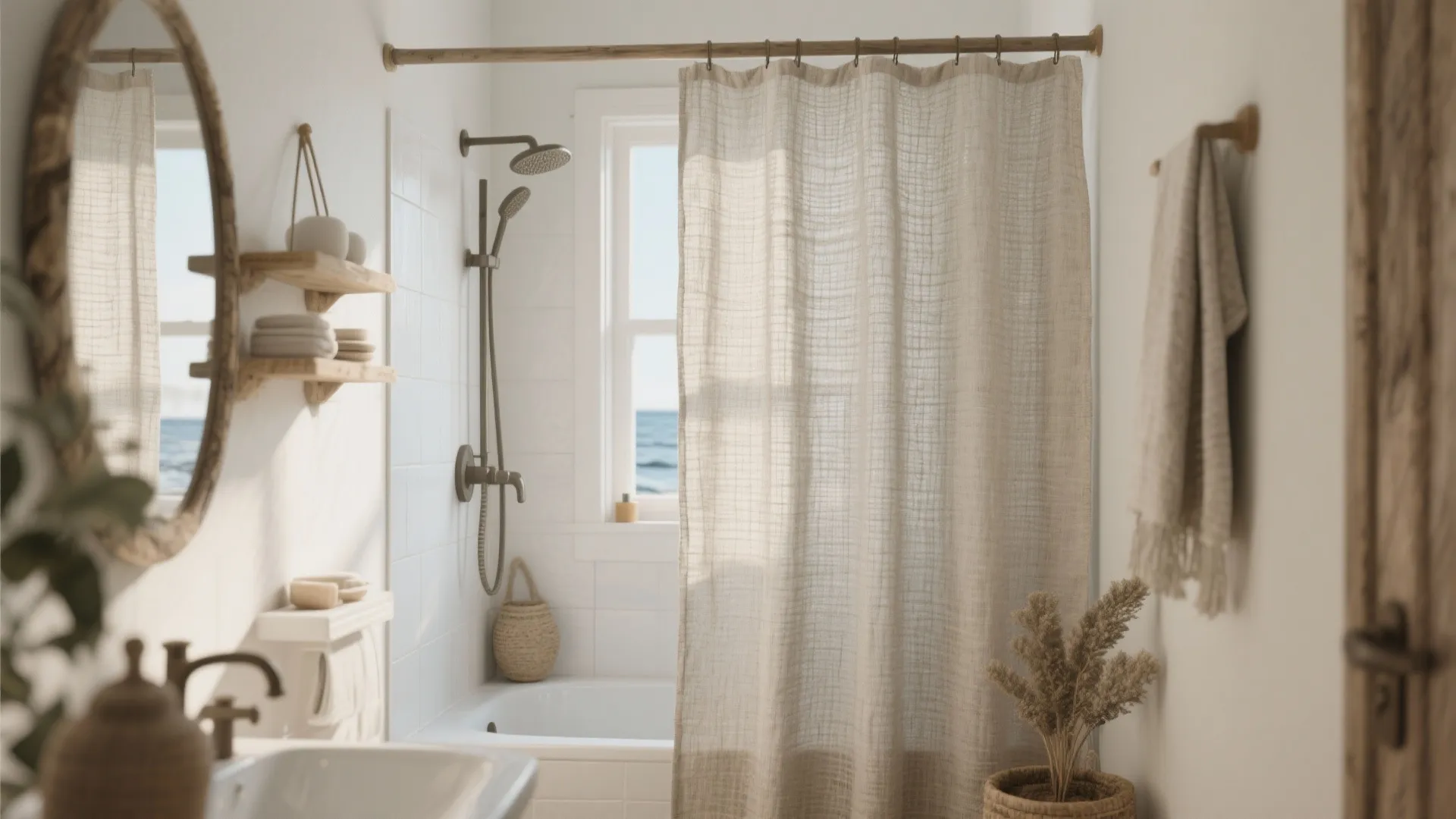 Bright bathroom with wooden rod beige linen curtain circular mirror and window showing blue sea