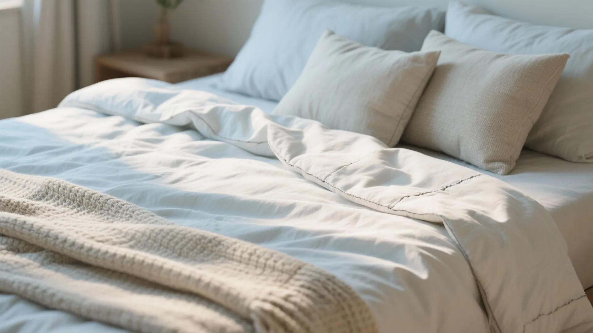 Close up of comfortable white bedding with beige pillows and soft blanket in bright bedroom