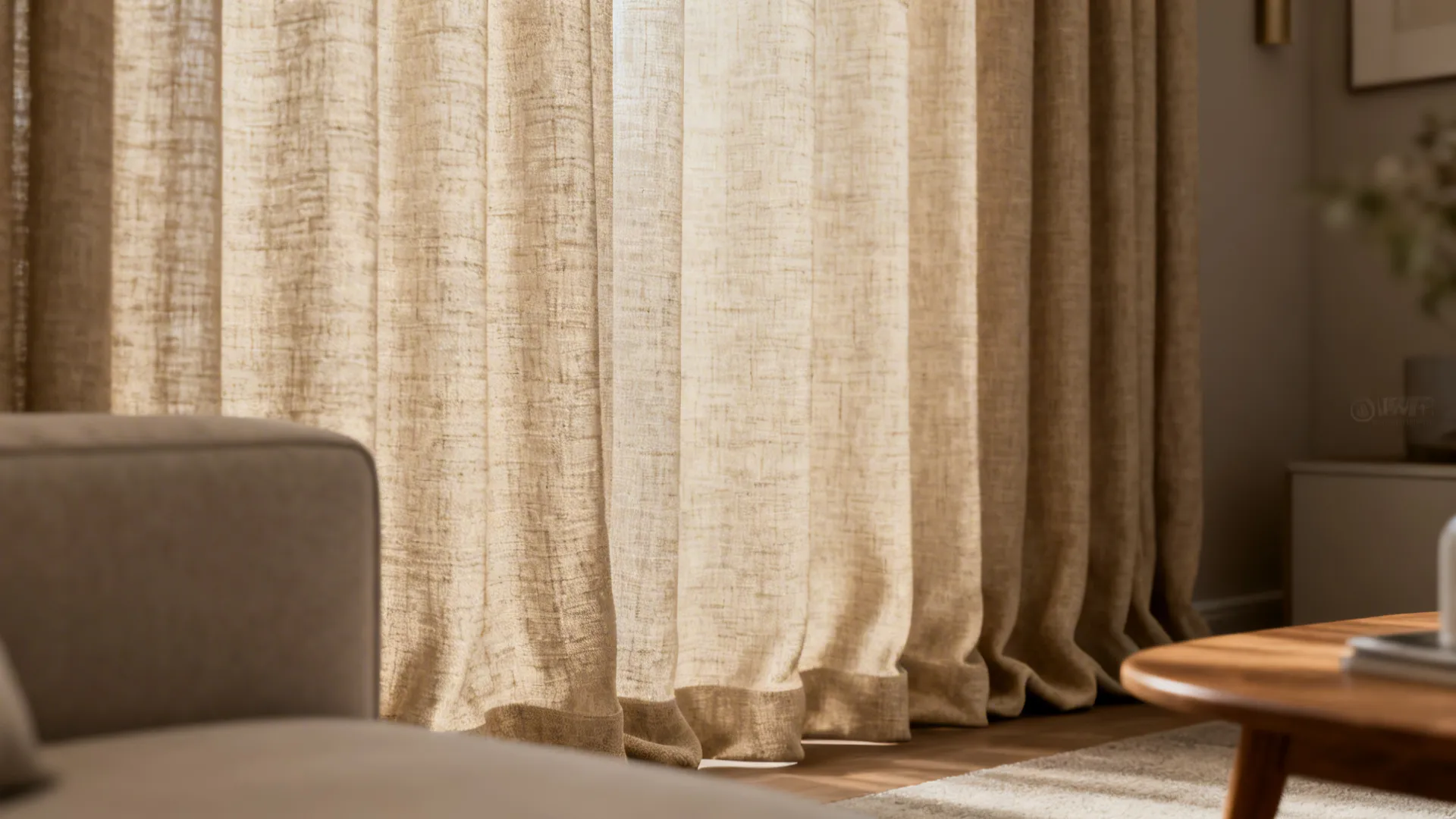Textured linen-look beige curtains with visible slub and relaxed drape beside a neutral sofa.