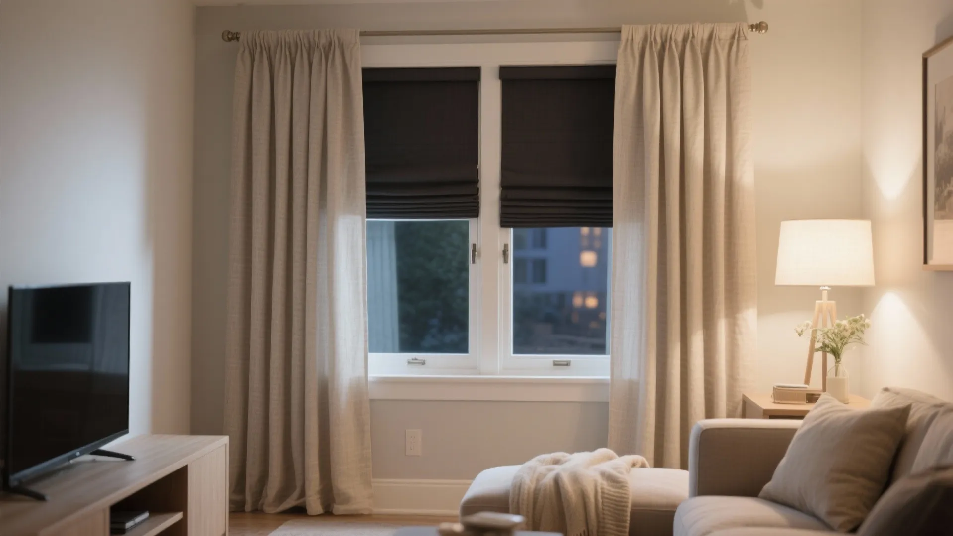 Neutral linen with blackout lining (two-layer control)