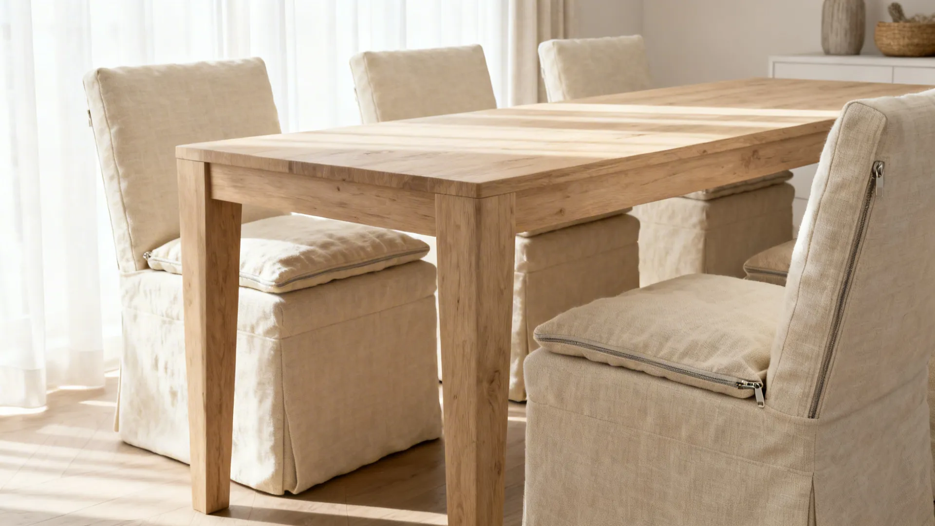 Scandinavian small dining space with linen blend upholstered chairs and a light wood table under soft daylight.