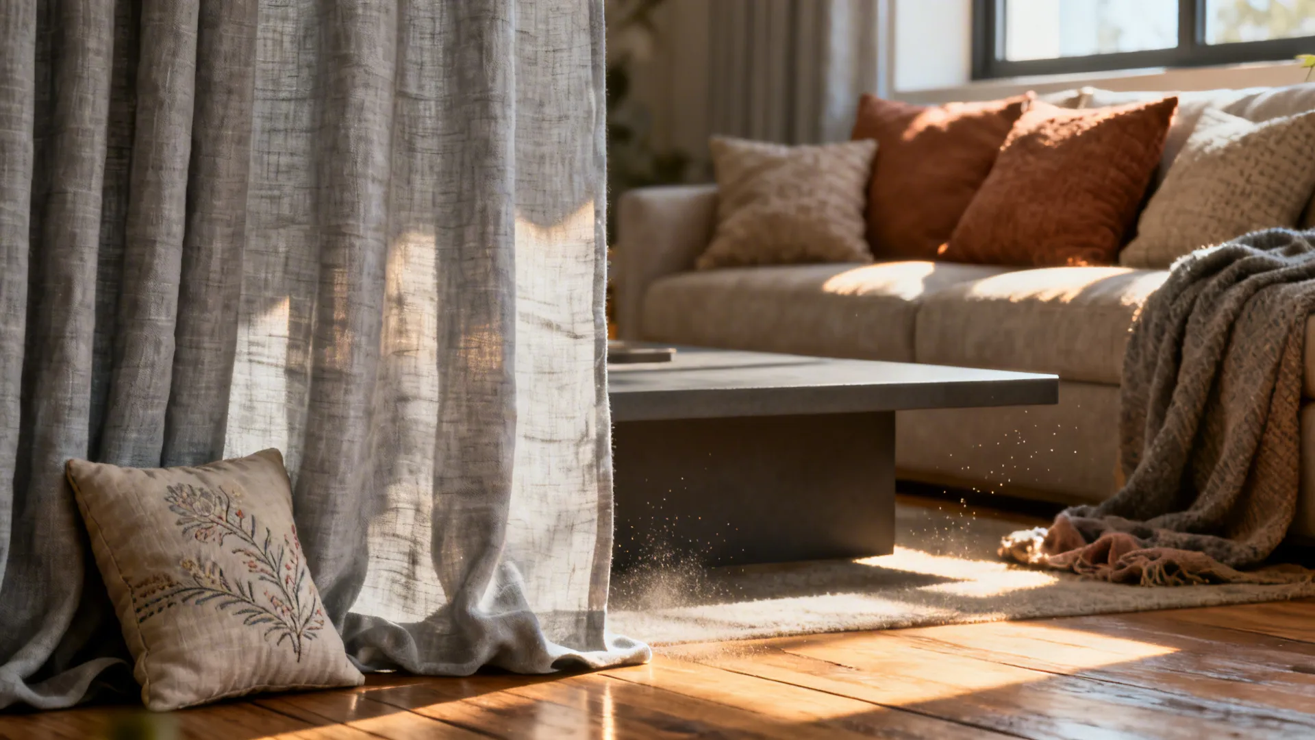 Cozy corner with linen-blend light grey curtains and wooden flooring