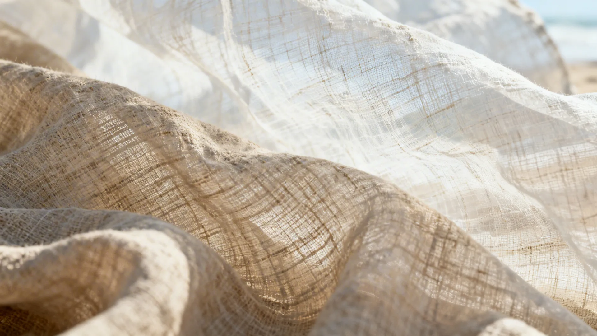 Close-up of linen-blend semi-sheer fabric with visible weave and soft light