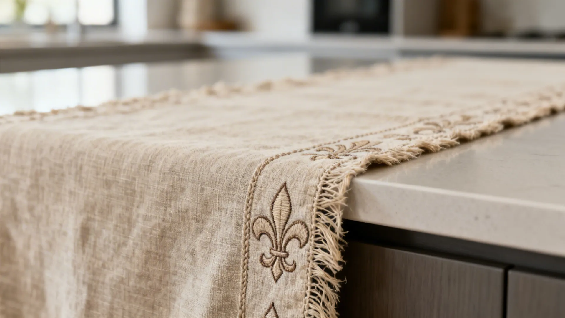 Macro of an oatmeal linen runner with a subtle fleur de lis border weave.