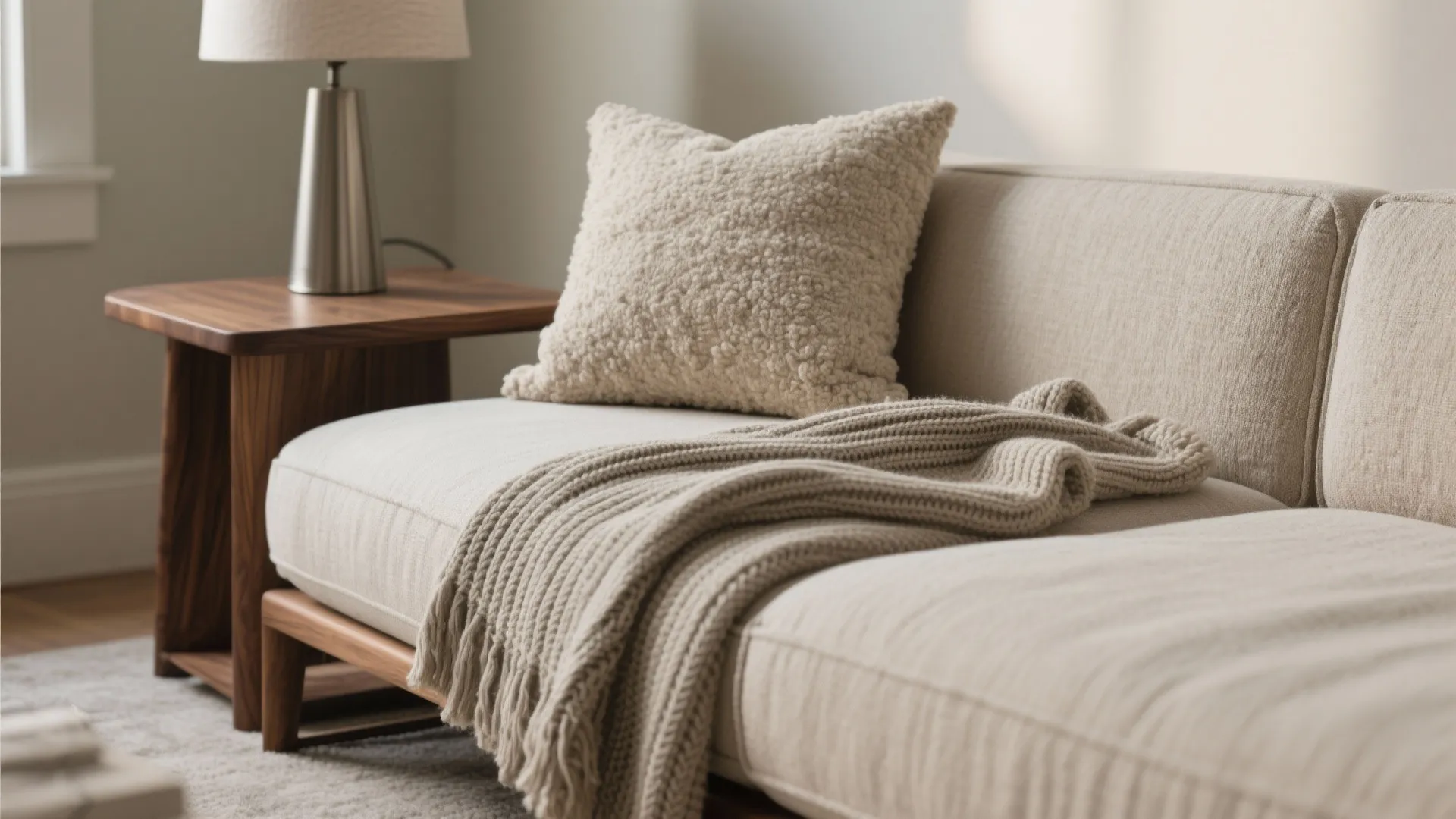 Macro of oatmeal linen, bouclé pillow, ribbed throw, and walnut table showing rich textures.