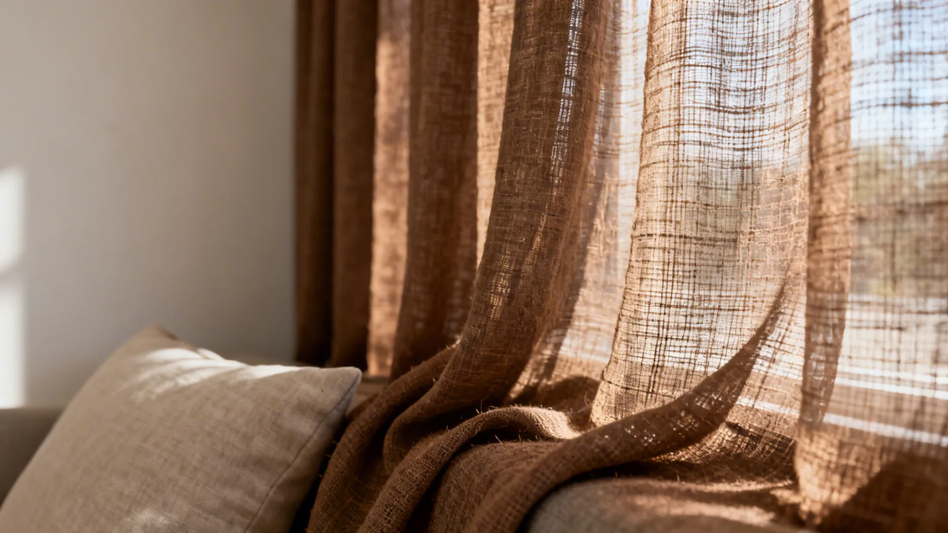 Close-up of light-filtering brown linen curtains showing semi-sheer weave and soft folds.