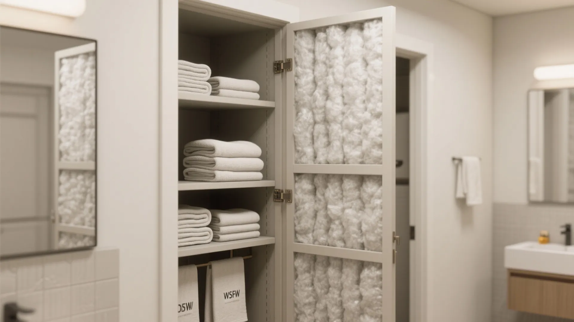 Linen closet detail between bathrooms showing shelving and insulation buffer for soundproofing.