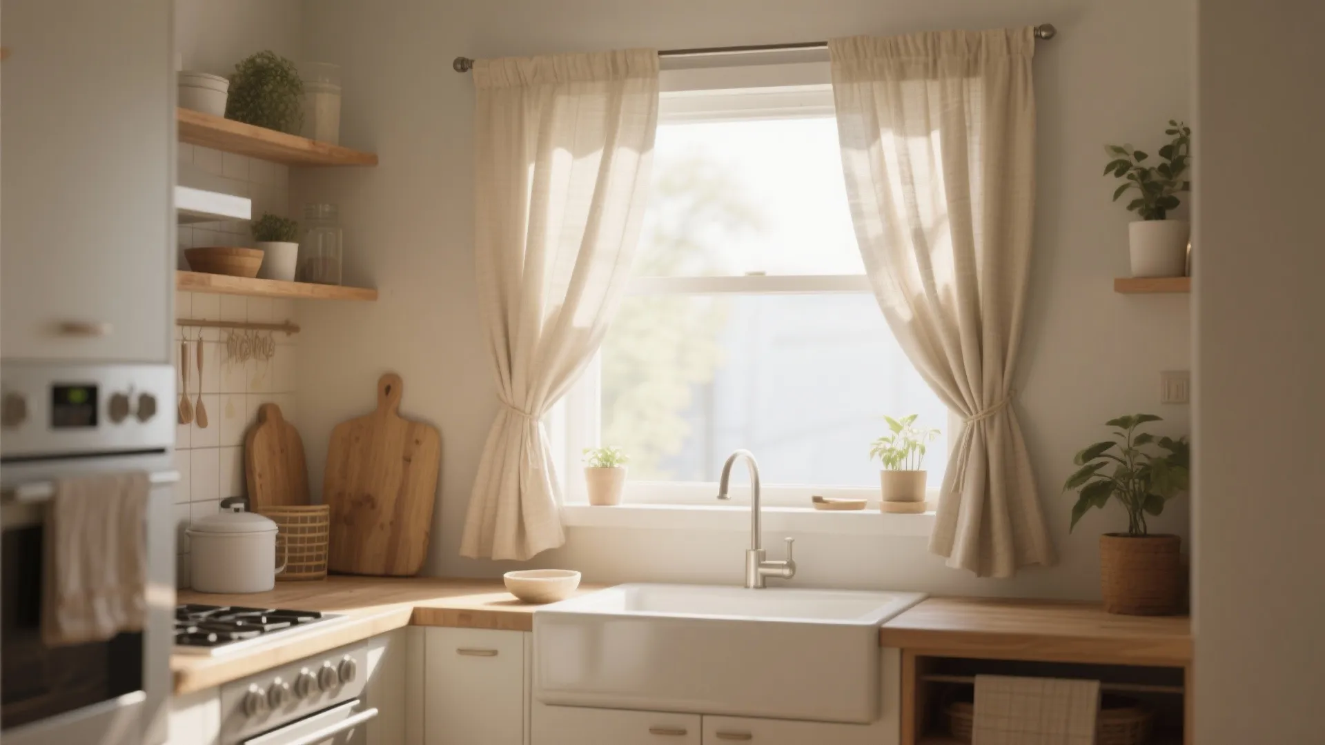 Bright kitchen featuring white sink wood countertop cream curtains and small green plants on window