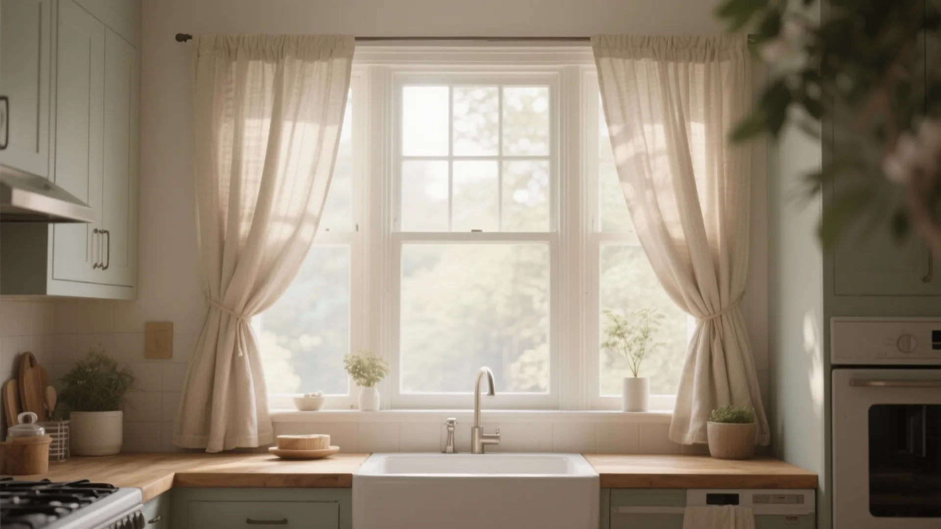 Kitchen bay window with light linen café curtains