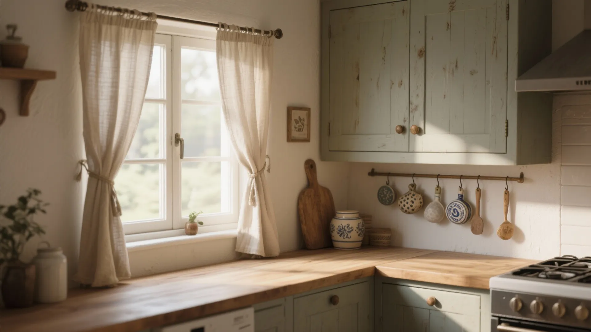 Linen café curtains bringing light into a small kitchen