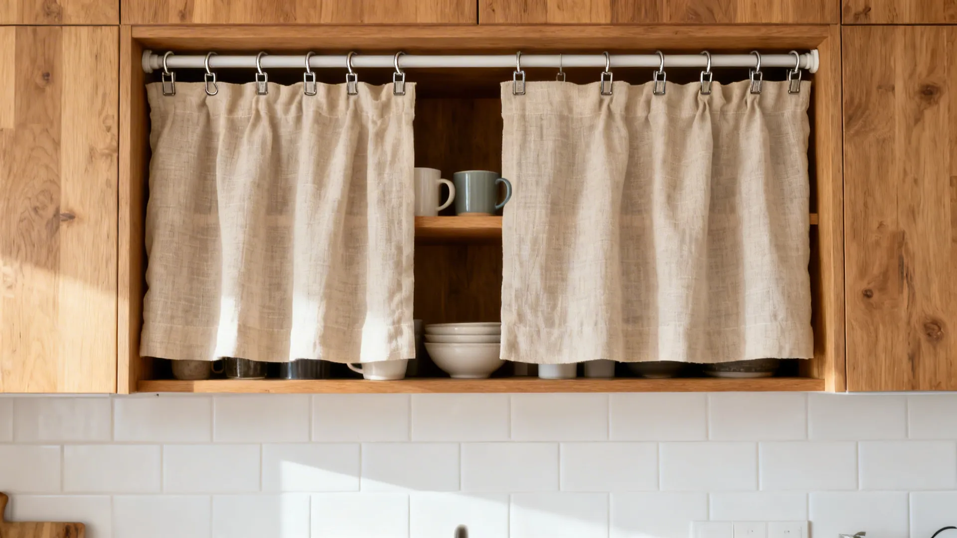 Natural linen cafe curtains on a tension rod neatly covering open kitchen shelves.