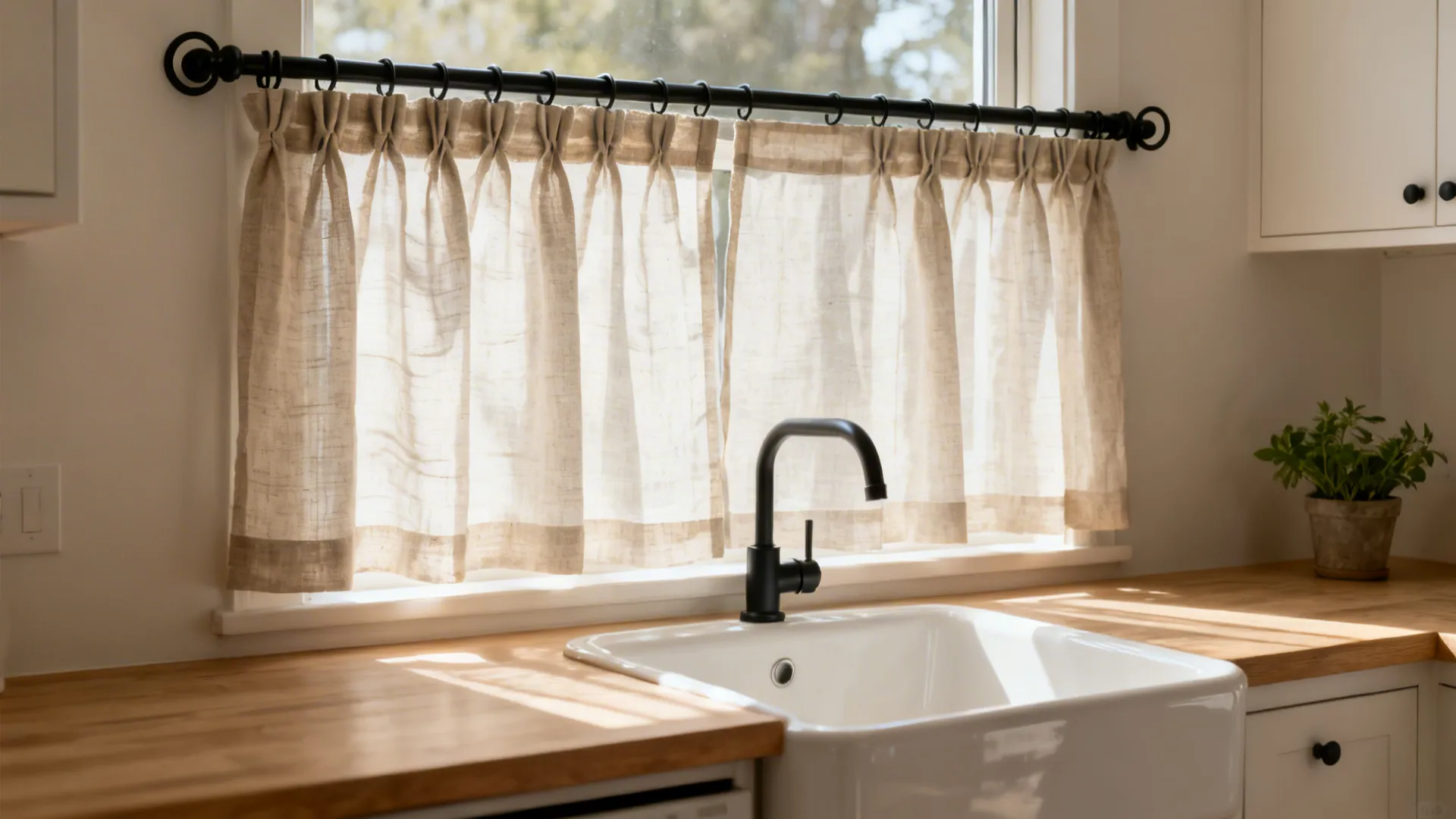 Sheer linen café curtains with tailored pinch pleats filter light over a small kitchen sink.