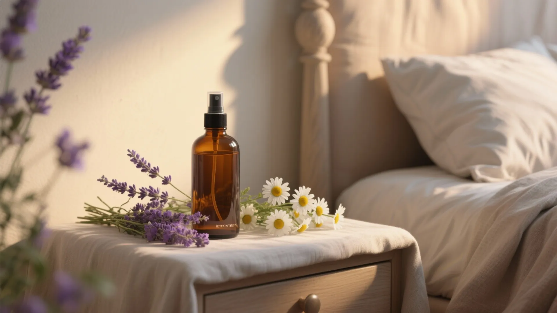 Brown spray bottle on bedside table with purple lavender and white daisies in sunny bedroom