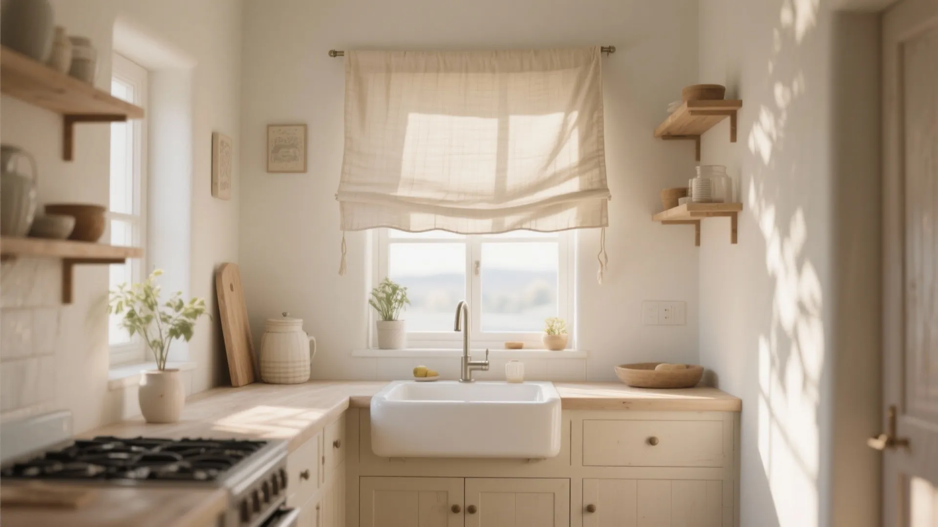 Simple linen curtain over kitchen window above white sink with beige cabinets and wooden wall shelves