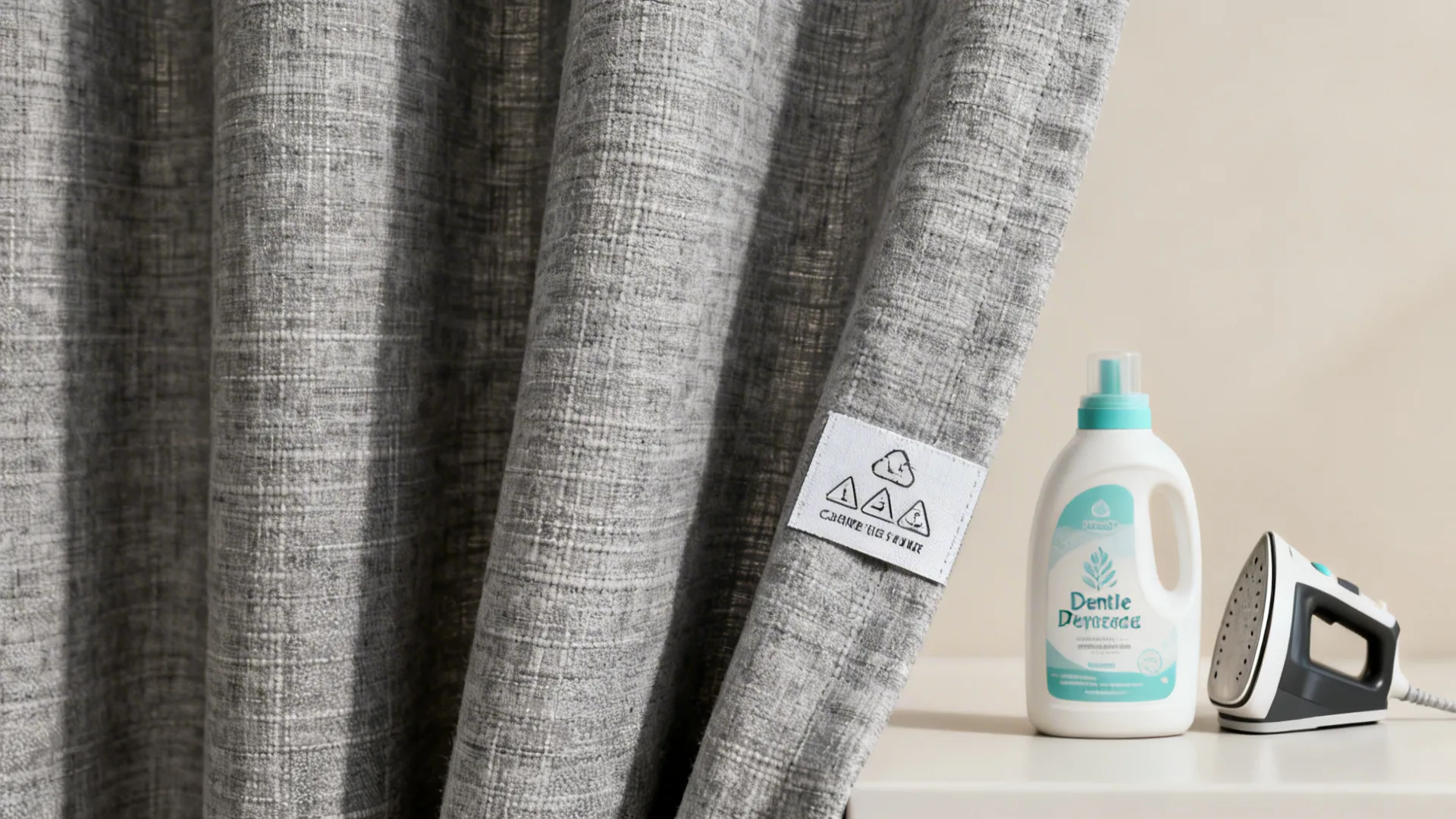 Care items and linen label for grey curtains, showing steamer and gentle detergent for maintenance advice.