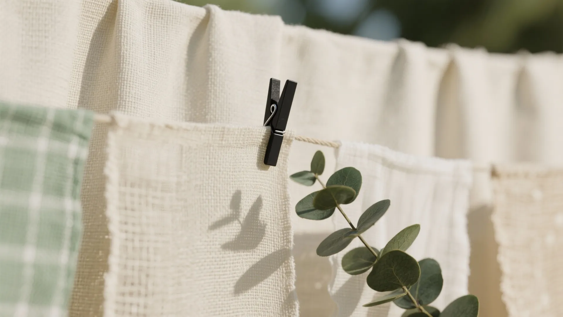 White linen fabric pieces hanging on a clothesline with black pins and green leaf branches