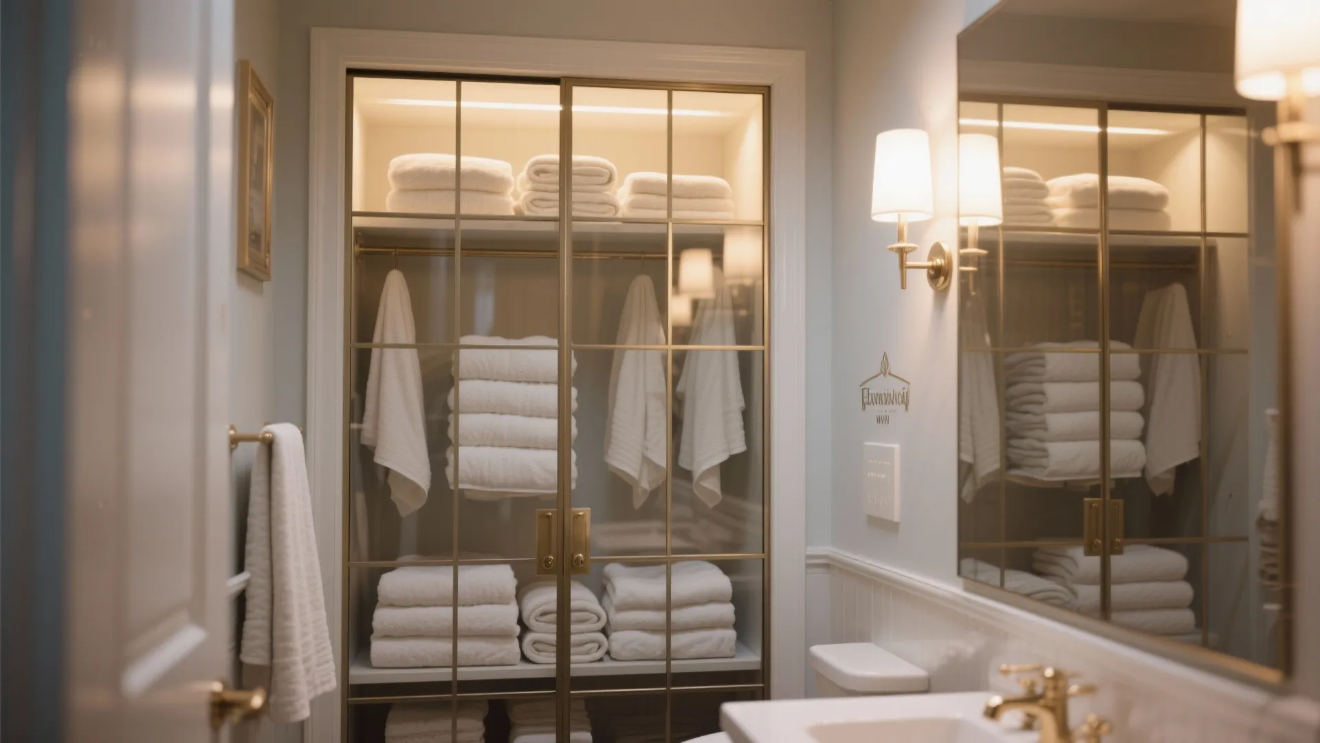 Bathroom linen closet with glass doors and lighting