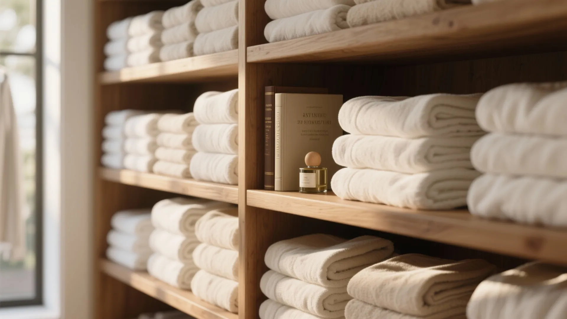 Close up of wooden shelves holding stacks of folded white towels with small perfume bottle