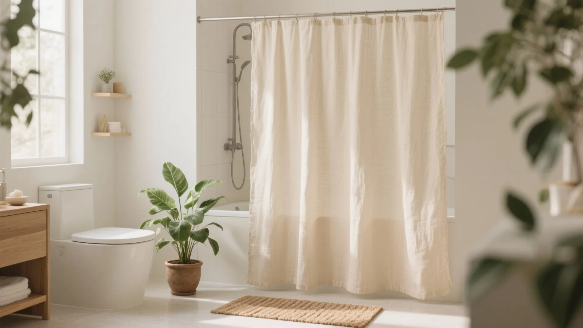 Bright bathroom with cream linen curtain green potted plant wooden cabinet and natural window light
