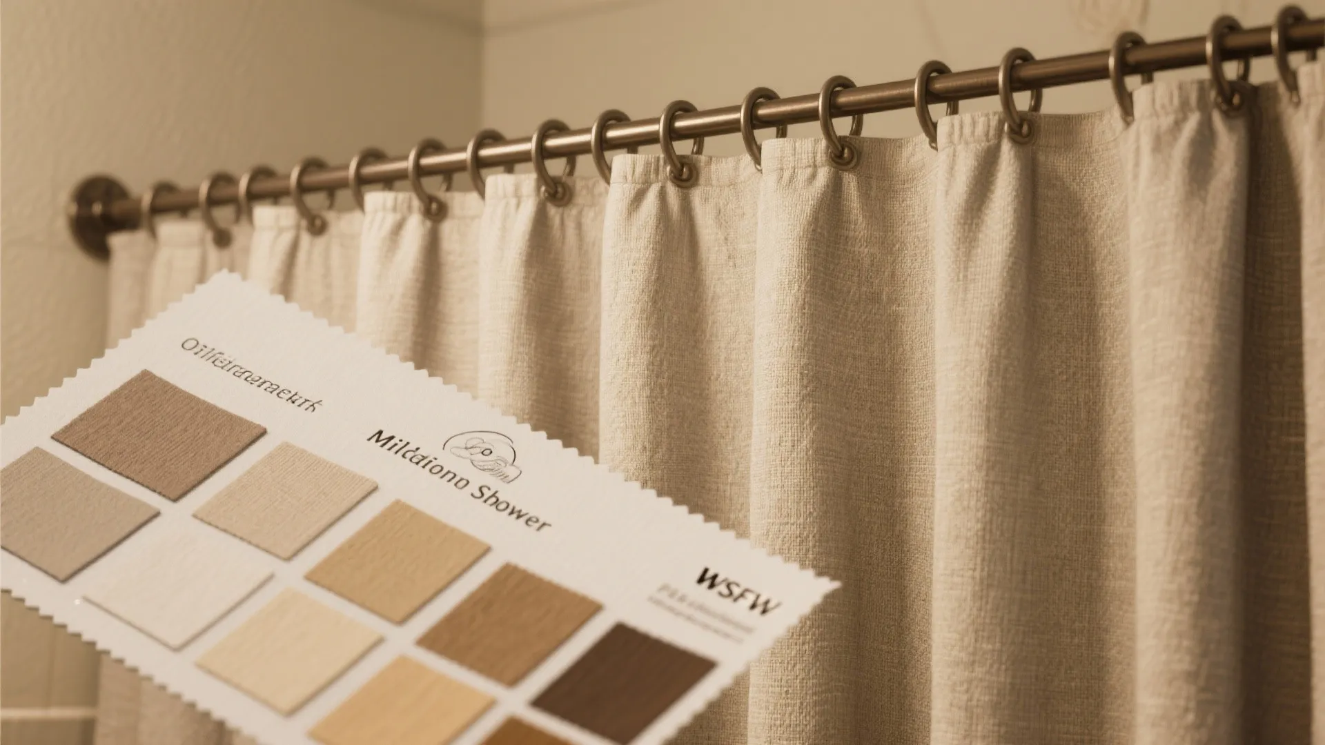 Beige linen curtain hanging on a metal rod with a hand holding a fabric sample card