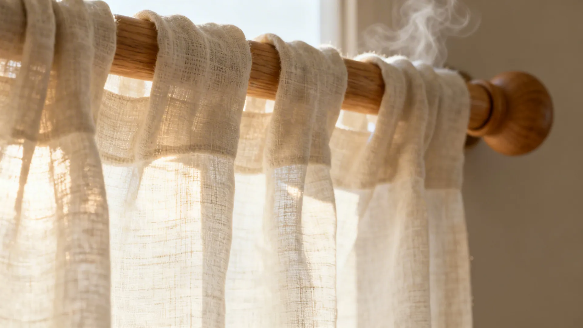 Close up of light beige linen curtains hanging on a wooden rod with soft sunlight