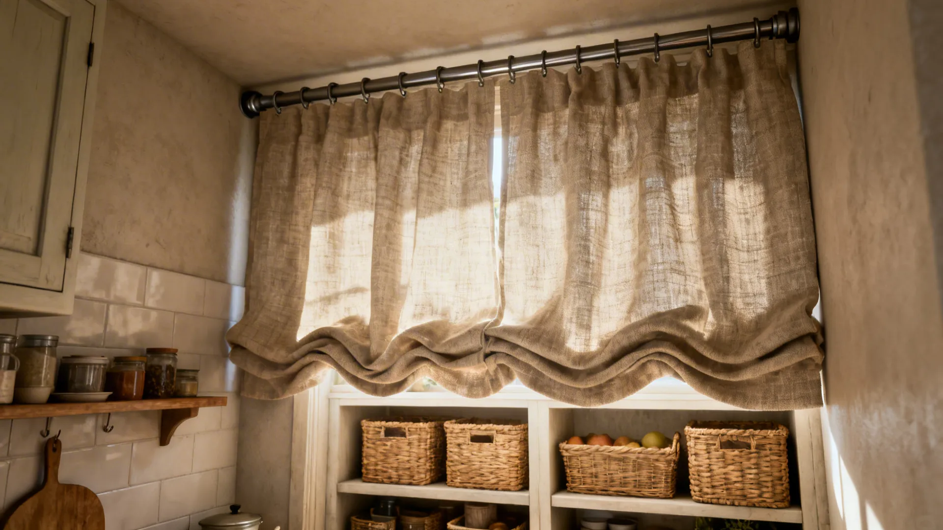 Small kitchen pantry closed with a heavy linen curtain on a tension rod, showing texture and warm styling.