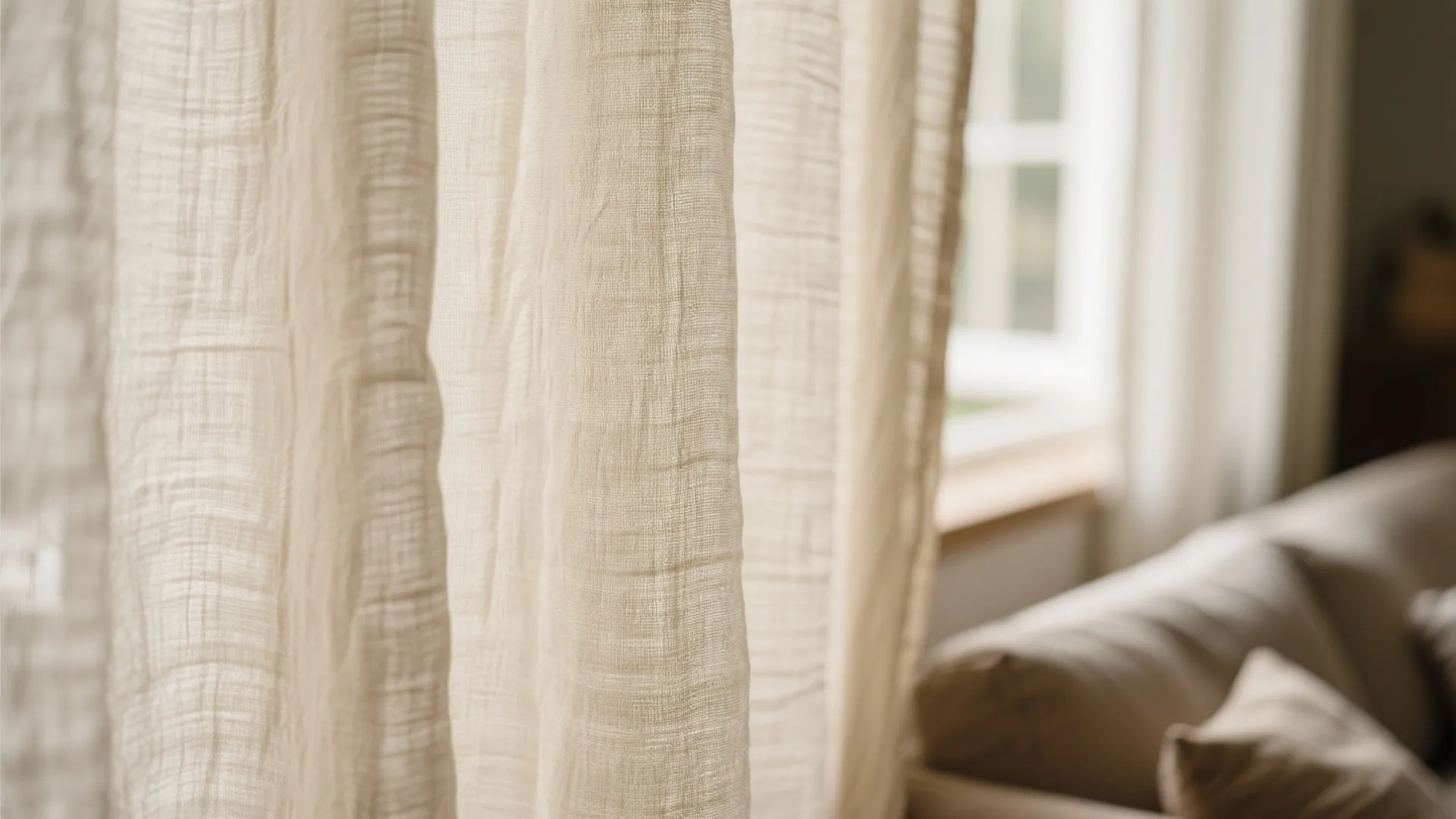 Close up of beige textured fabric window curtains in a living room with natural light