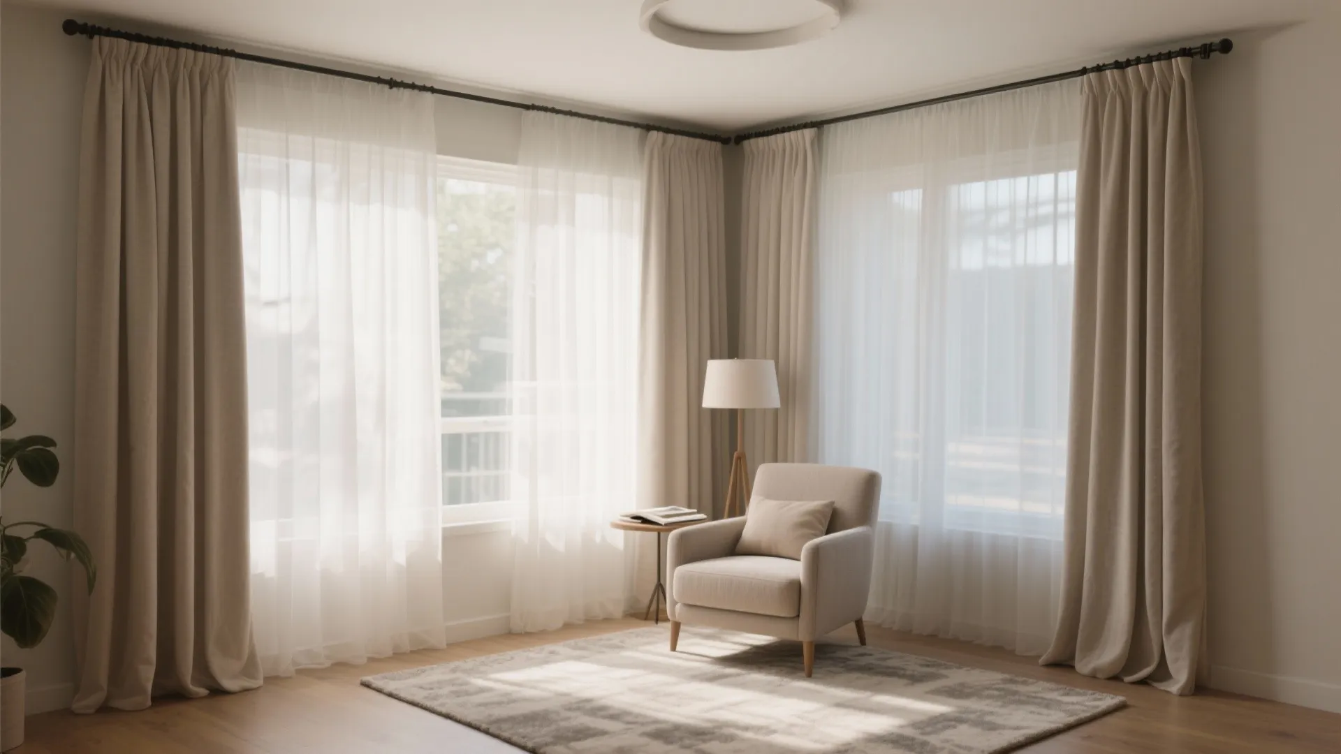 Modern living room featuring beige curtains white sheer drapes a comfortable chair and floor lamp