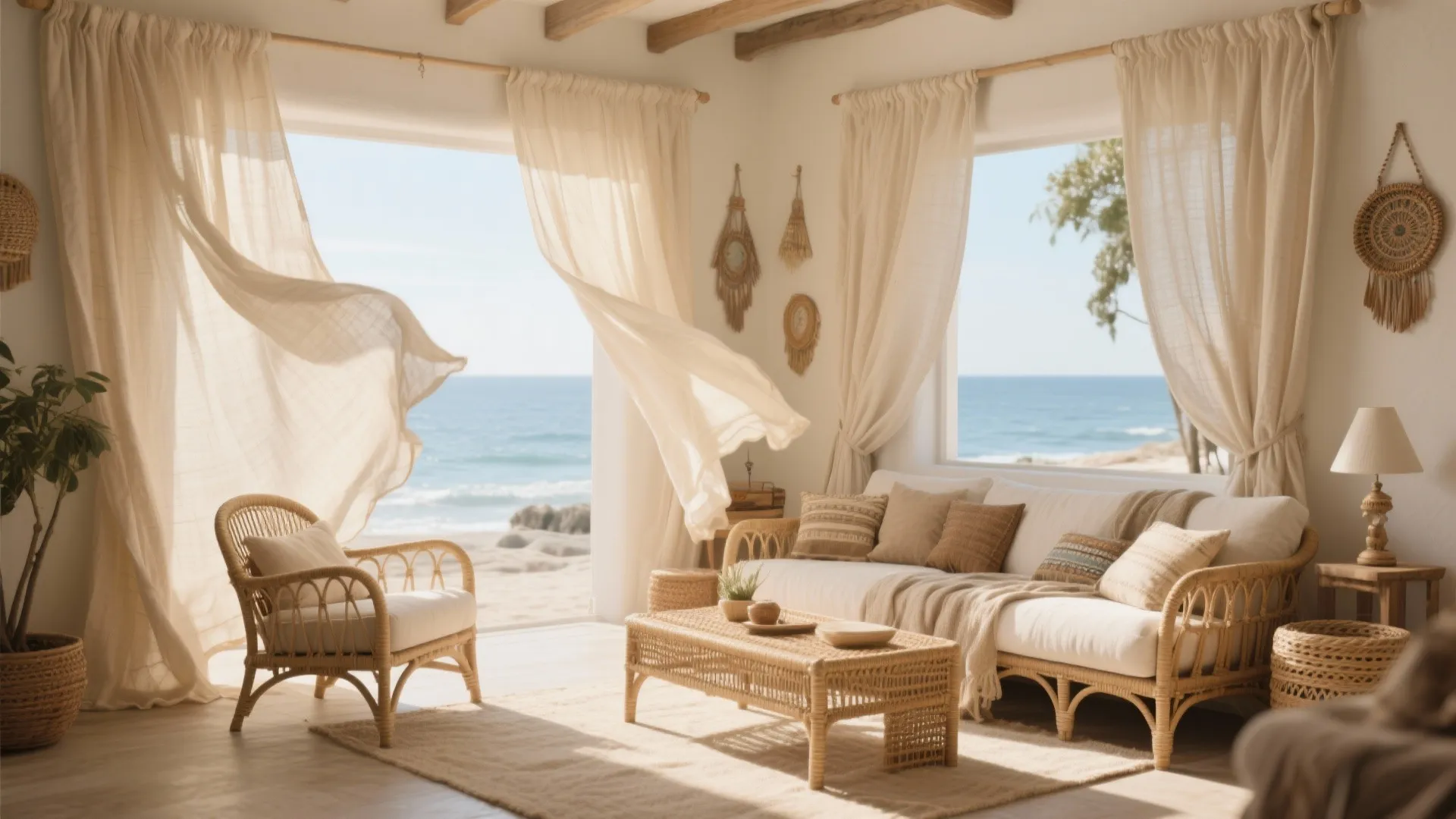 Coastal living room with breezy linen curtains