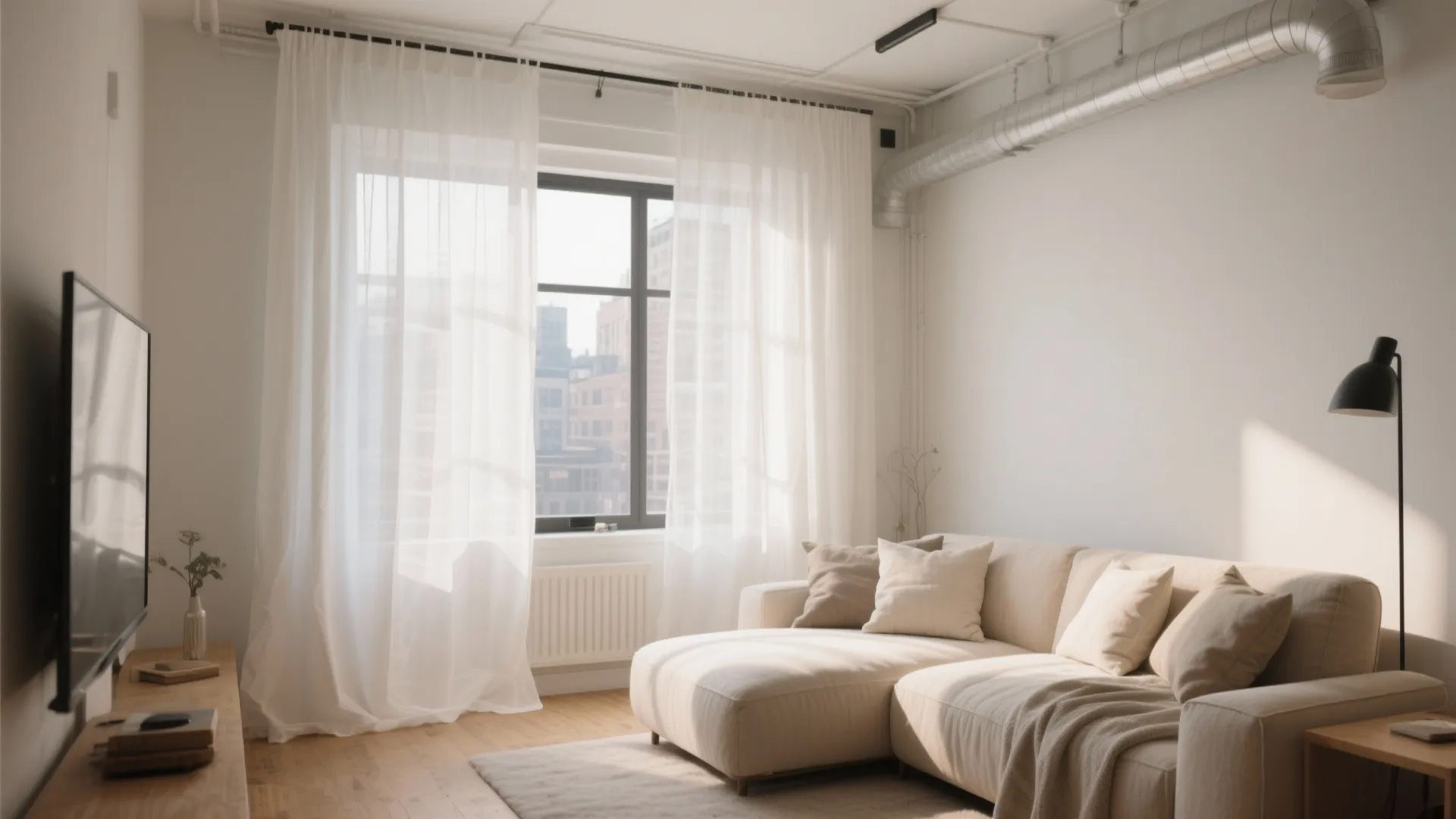 Small living room with bright white linen curtains and natural light