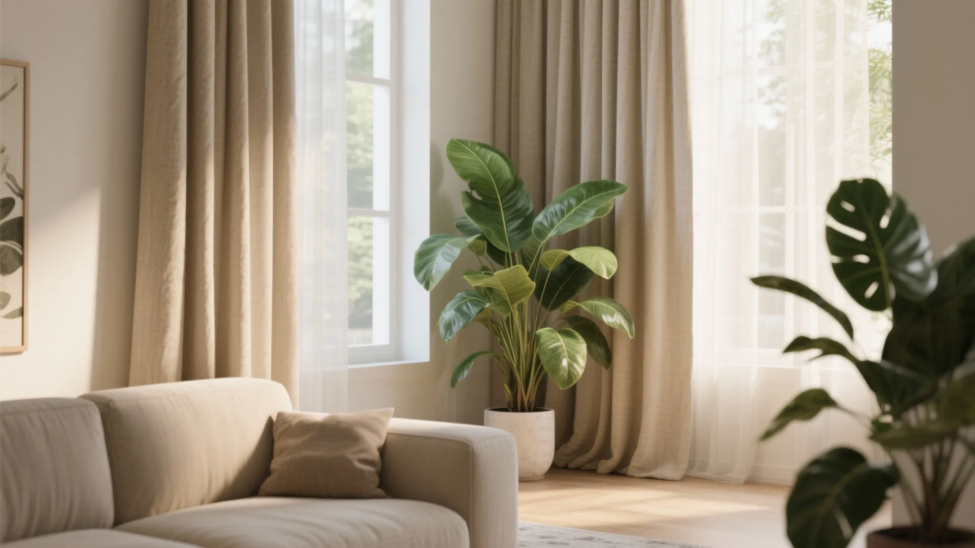 Living room corner featuring beige sofa, large green potted plants, beige curtains, and bright windows