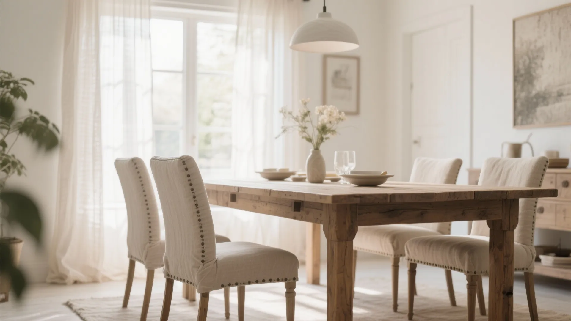 Rustic wooden dining table with beige linen chairs white dome ceiling light and bright window curtains