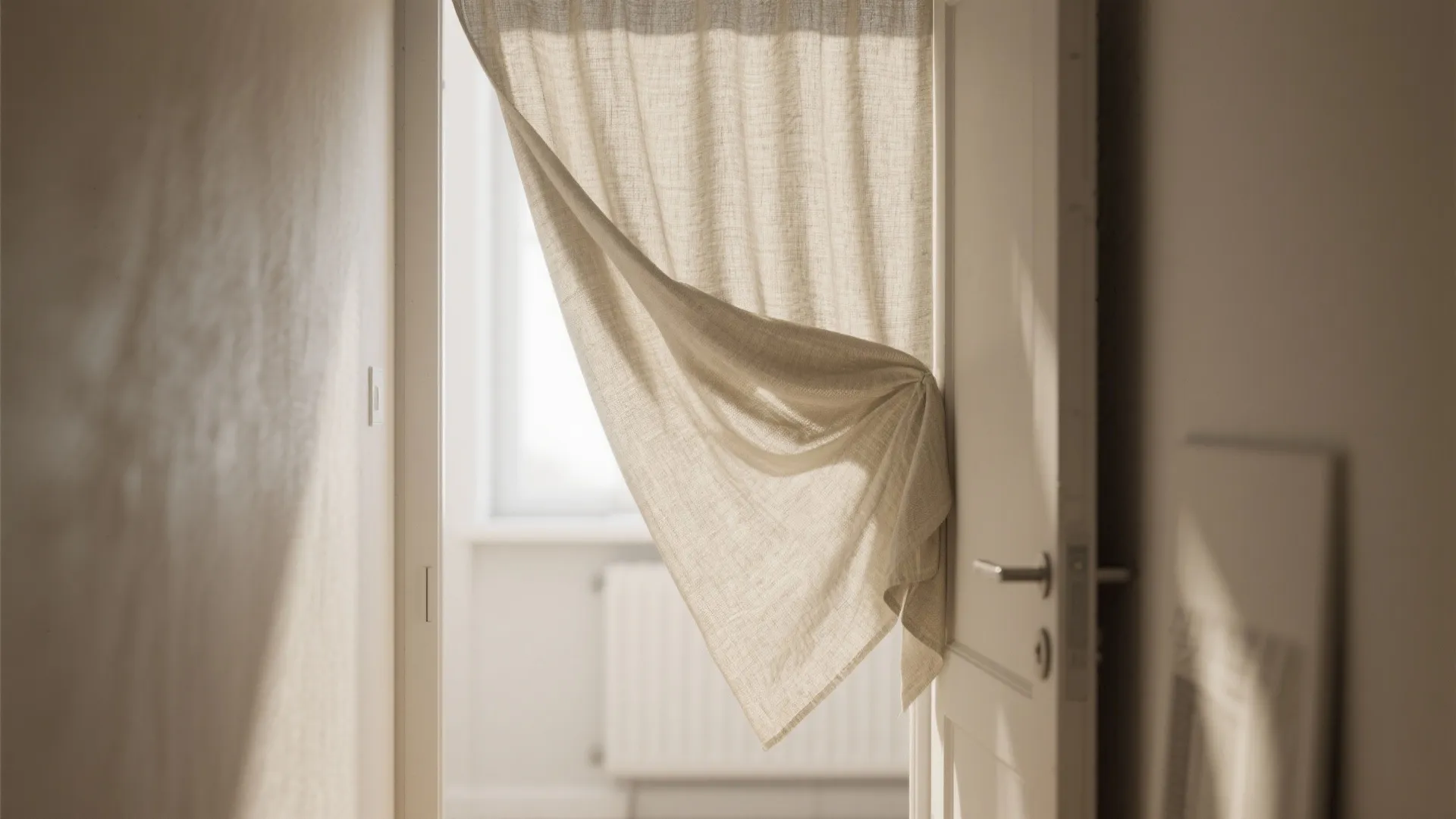 Beige linen curtain hanging in a narrow studio doorway with soft light