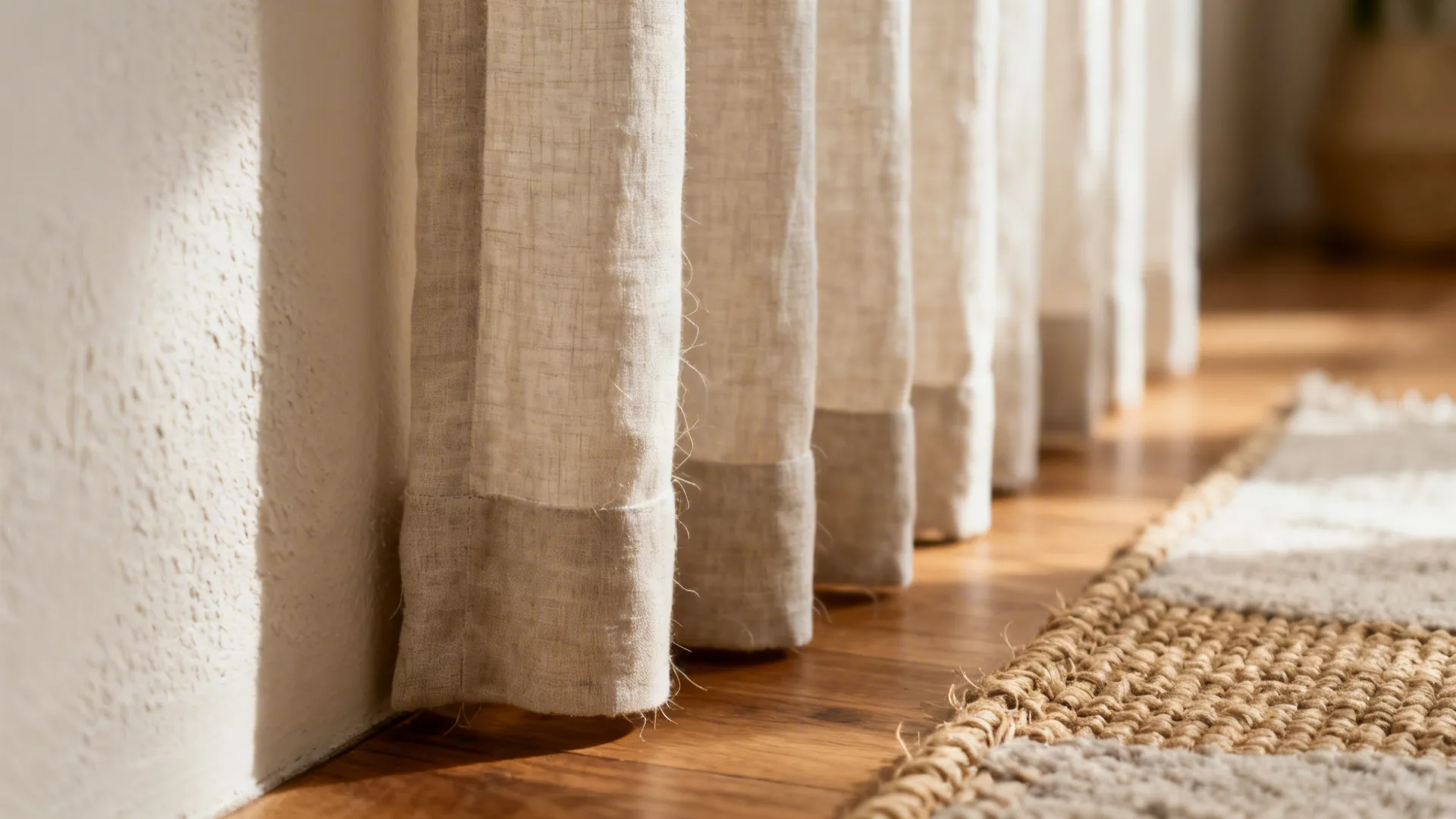 Macro of lined linen curtains with rich folds, soft light, and layered rug edge on oak.