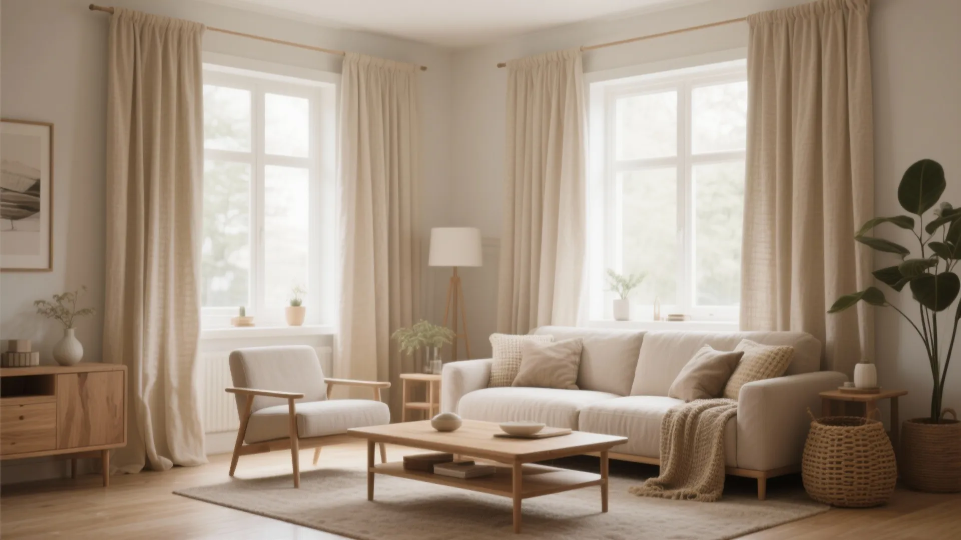 Warm beige living room with neutral curtain and wooden furniture creating a very peaceful atmosphere