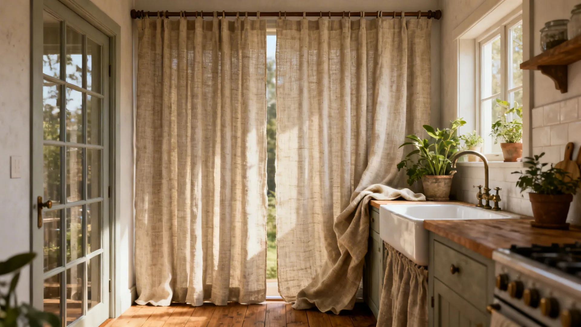Kitchen with vertical linen drapes sliding beside a glass door, warm and textured