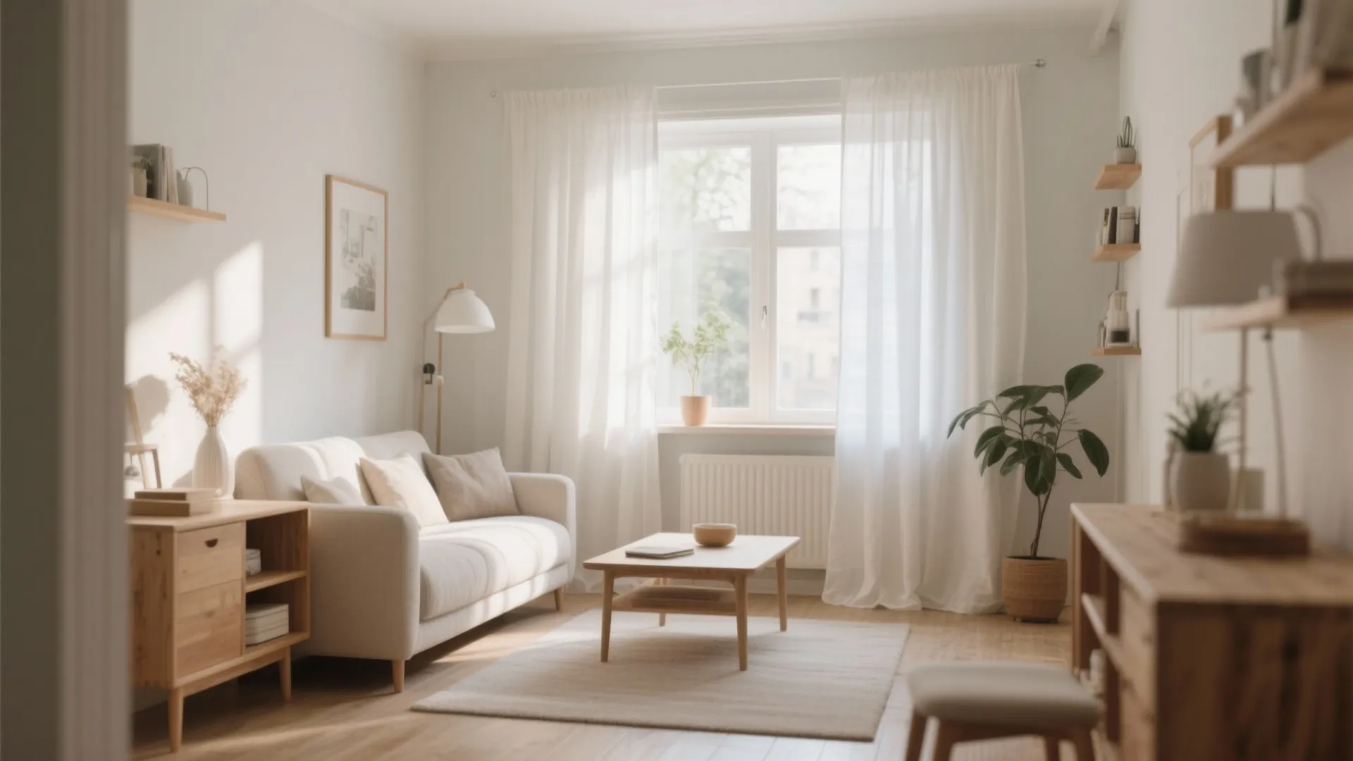 Bright minimalist living room with white curtains, small sofa, wooden cabinet, shelves and indoor plants