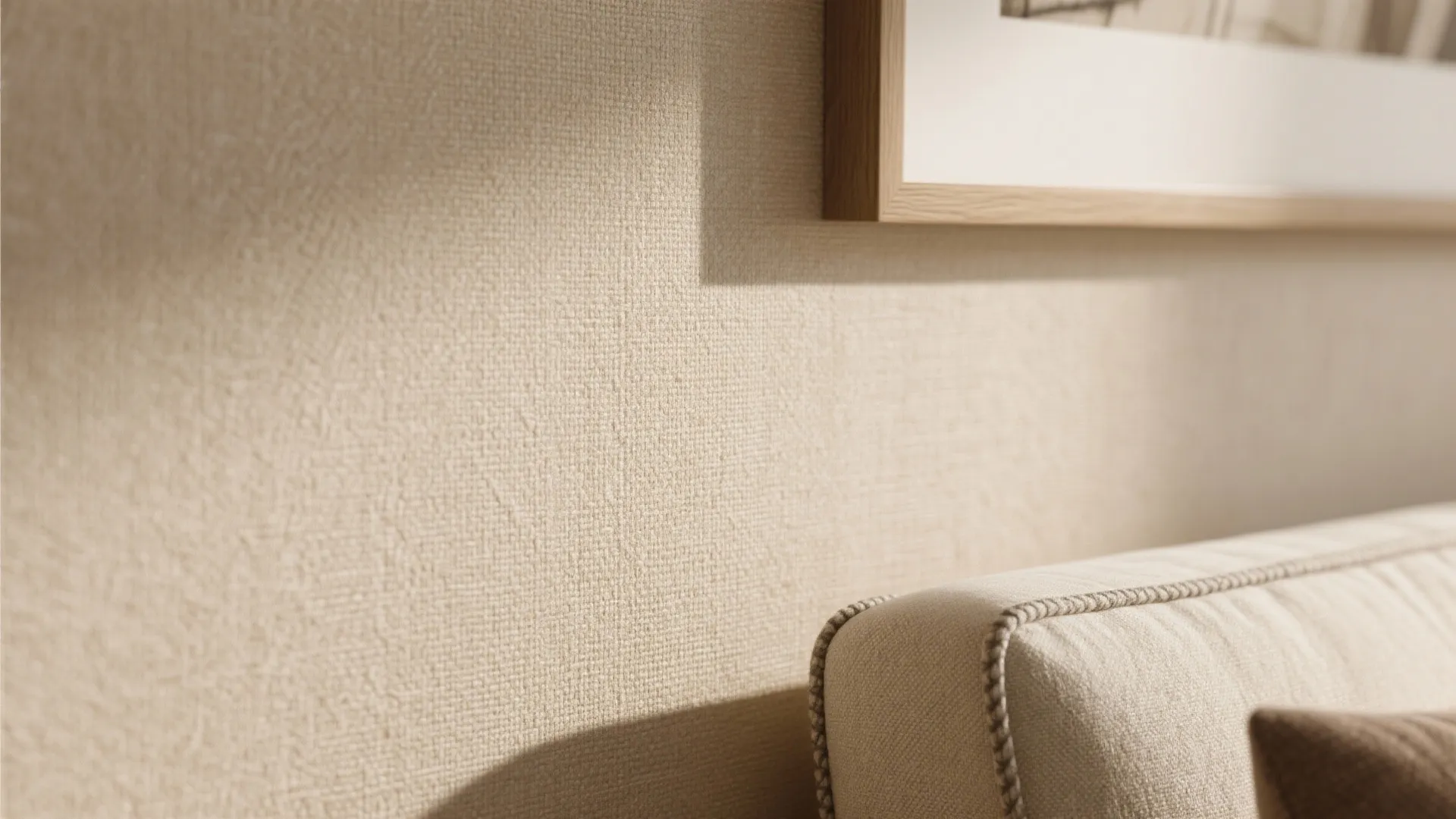 Close up view of textured beige wallpaper behind a light colored sofa in sunlight shadows